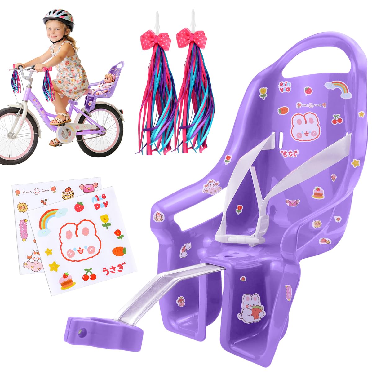 Seggiolino per Bicicletta per Bambole con Adesivi Fai da Te e Manubrio Stelle Filanti, Accessorio Bicicletta per Bambini