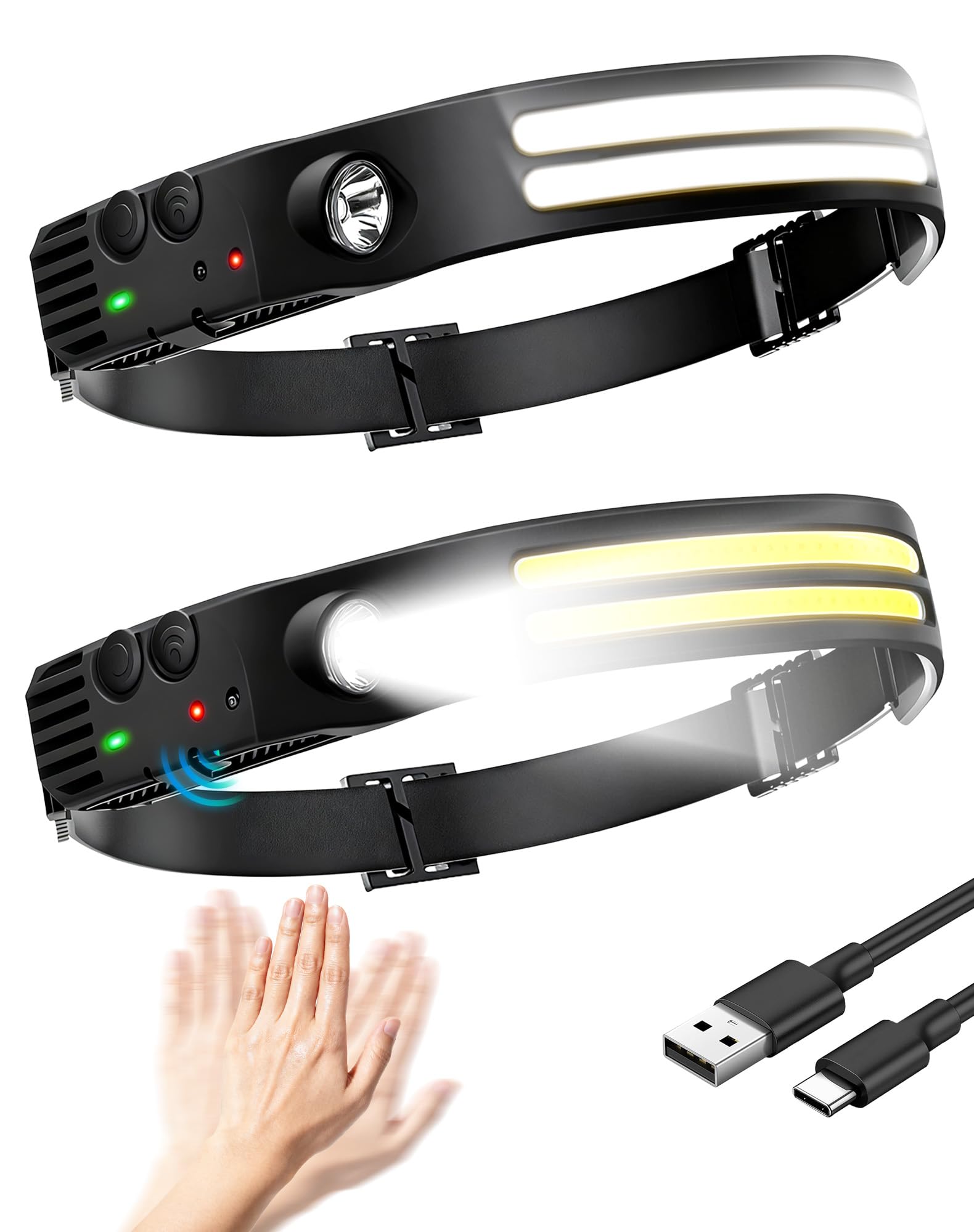 Ouxonix Head Torch Rechargeable 2Pack, Super Bright LED Headlamp with 5 Modes, IPX5 Waterproof Headlight, 230° Wide Angle Lightweight Headtorch for Running, Hiking & Camping