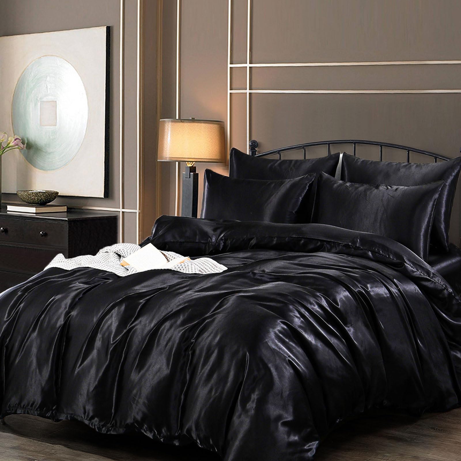 Silk Satin Double Size Complete Bedding Set 6 Pieces Black Duvet Cover Luxury Style Ultra Soft Microfiber Quilt Cover 200x200cm with 1 Fitted Sheet, 4 Pillowcases