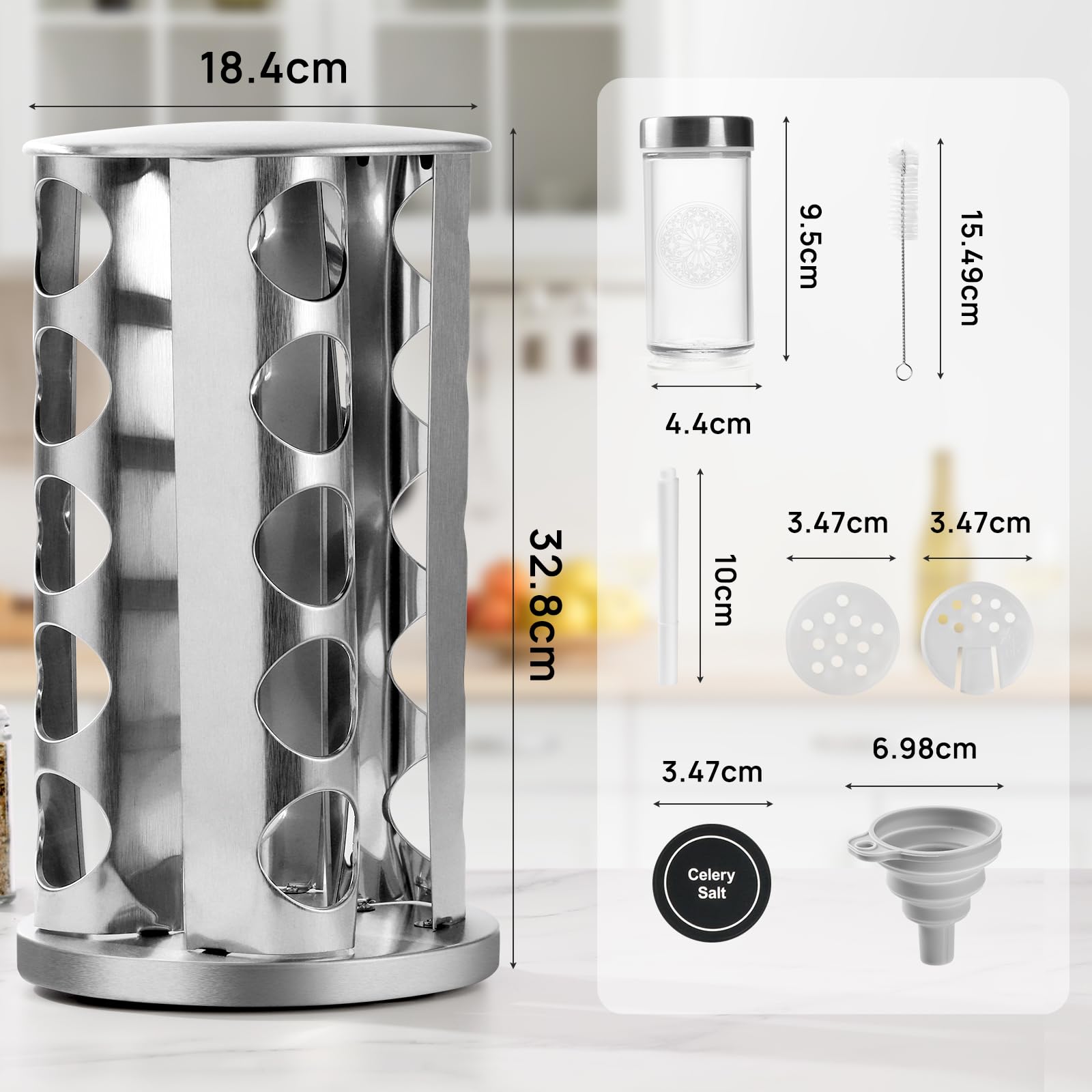 Carrousel à Épices en Acier Inoxydable avec Verres à Épices Ronds 20 * 100ml, Porte Épices Cuisine Rotatif, Étiquette en Français