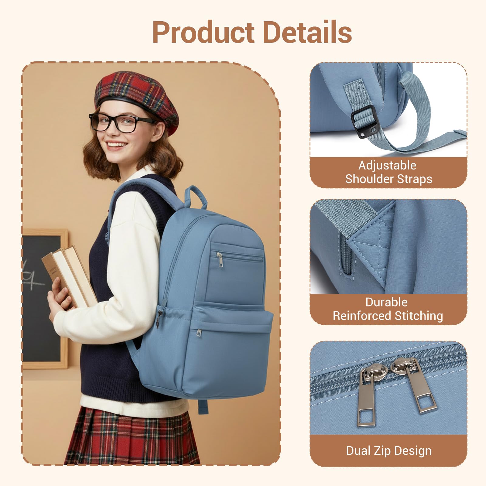 Kono Mochila Escolar Adolescente Mujer Hombre, Mochilas Instituto Ligera Impermeable 15.6 Pulgadas Portátil, Mochila Casual Viaje Trabajo Colegio Universidad (Azul)