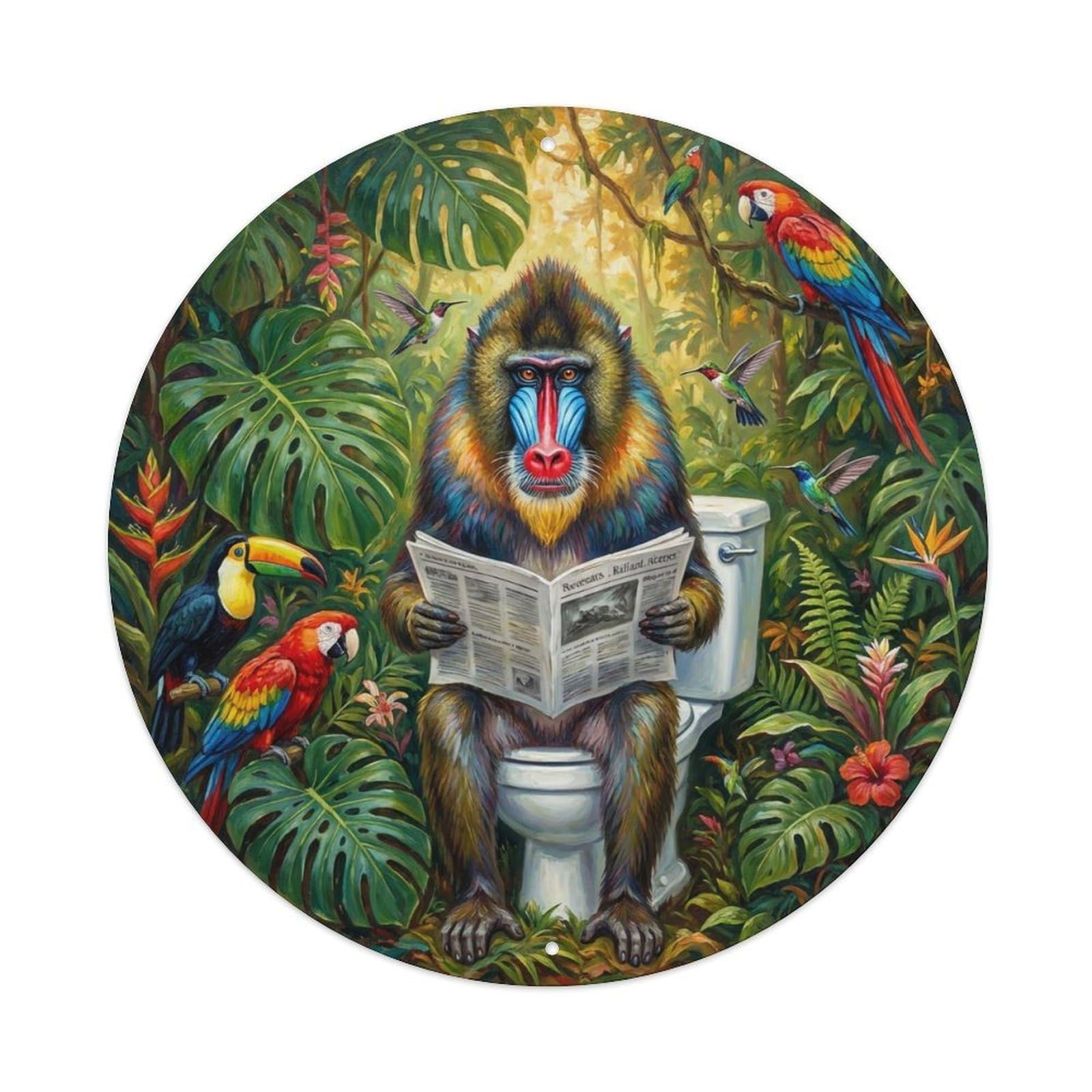 Mandrill On Toilet Humorous Bathroom Tropical Grove Metal Tin Sign