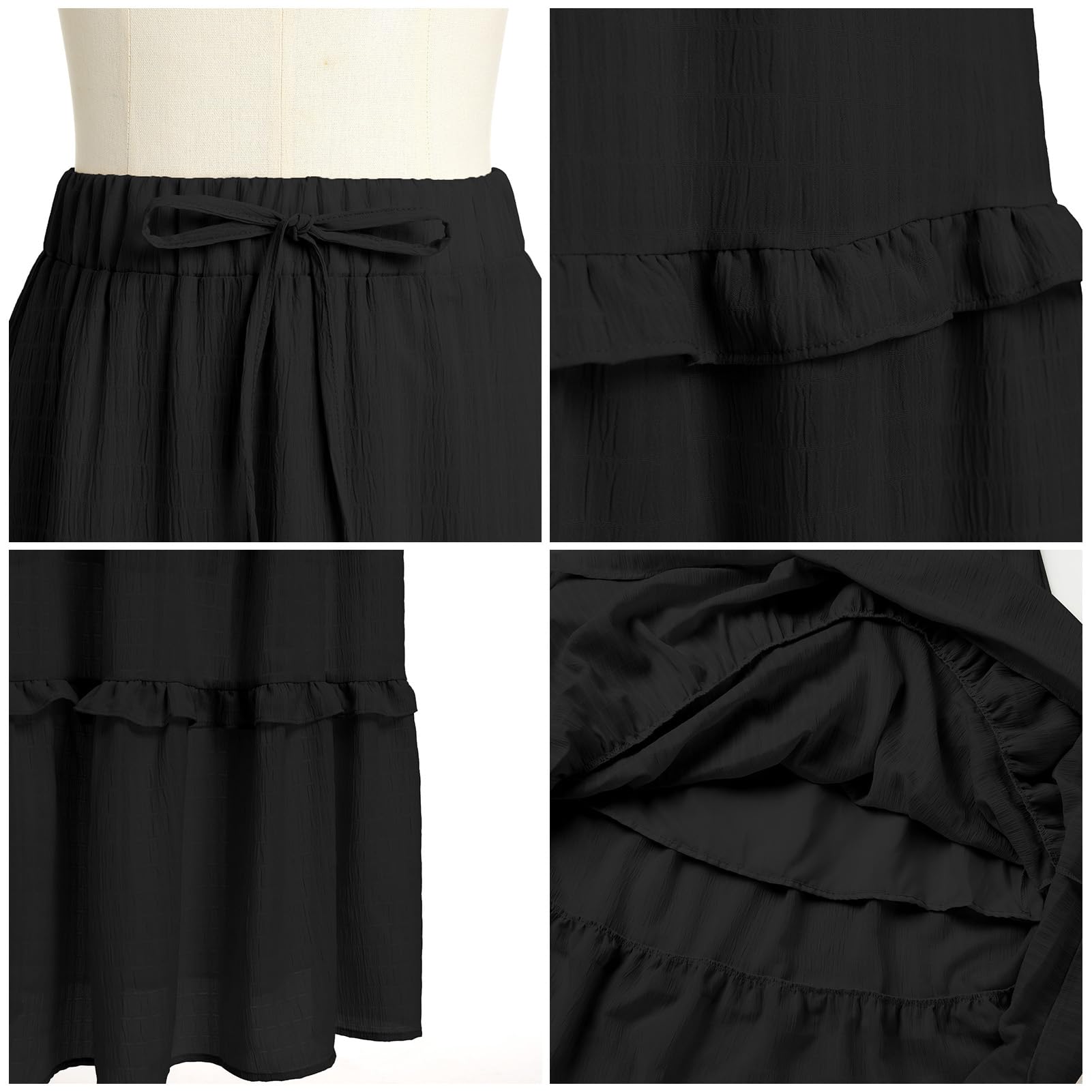 IWEMEK Jupe trapèze Taille Haute pour Femme - Jupe Longue plissée à Taille élastique - Jupe d'été évasée décontractée, Noir, Taille S
