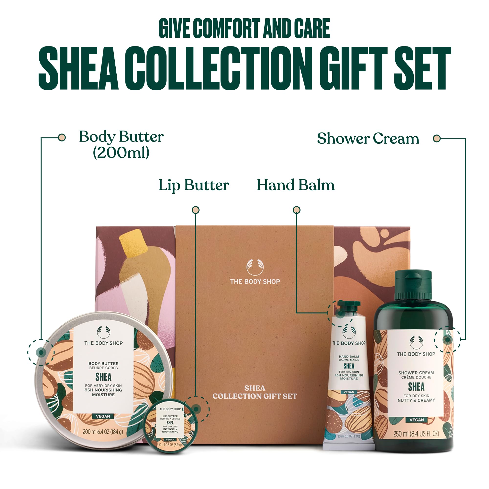 The Body Shop Shea Collection Geschenkset (Duschcreme 250 ml + Körperbutter 200 ml + Lippenbutter 10 ml + Handbalsam 30 ml), pflegende Sheabutter-Kollektion für weiche, glatte Haut, vegan