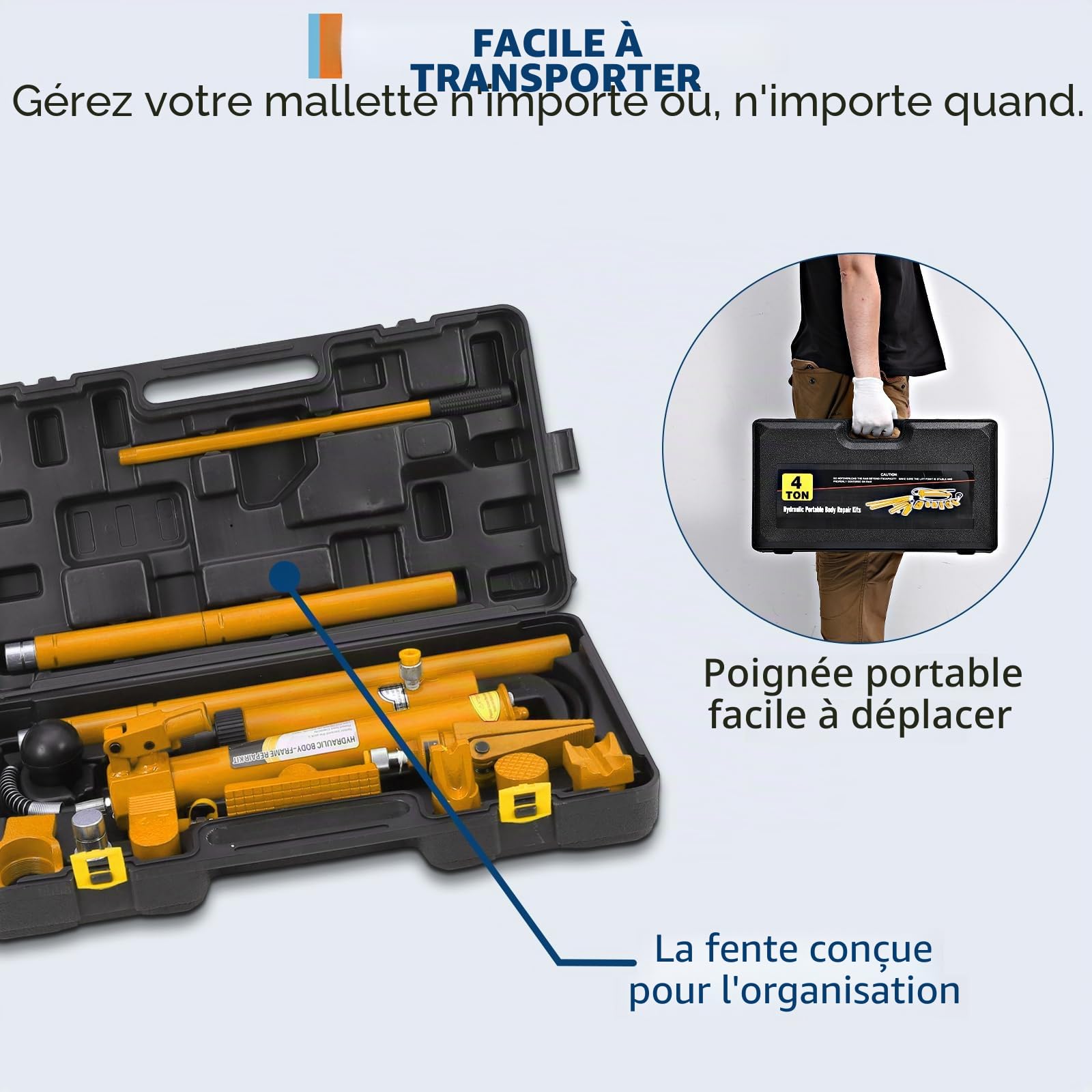 Kit Porta Power hydraulique 4T – Cric Bouteille Robuste avec Flexible 1,4m