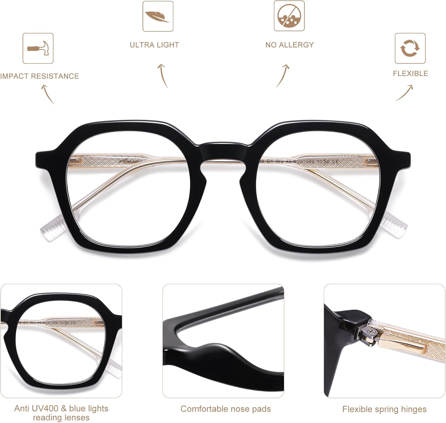 AMOMOMA 2 Pack Retro Square Reading Glasses for Women Men,Vintage Blue Light Computer Reader Frame AM6193 - Image 5