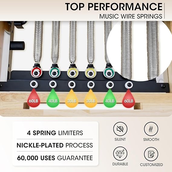 Pilates Reformer, PAETA 92 Wooden Pilates Reformer Machine with Springs, Pilates Machines for Home Use and Studio, Pilates Equipment with Sitting Box, Jump Board and Accessories
