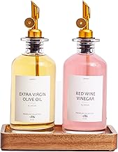 JANXIN Oil Dispenser Set,Olive Oil Dispenser Bottle for Kitchen w. Wood Tray, Labels and Weighted Pourers,Coffee Syrup Dispenser,Glass Bottle Dispenser for Kitchen Decor(Acacia Wood Tray+Gold)