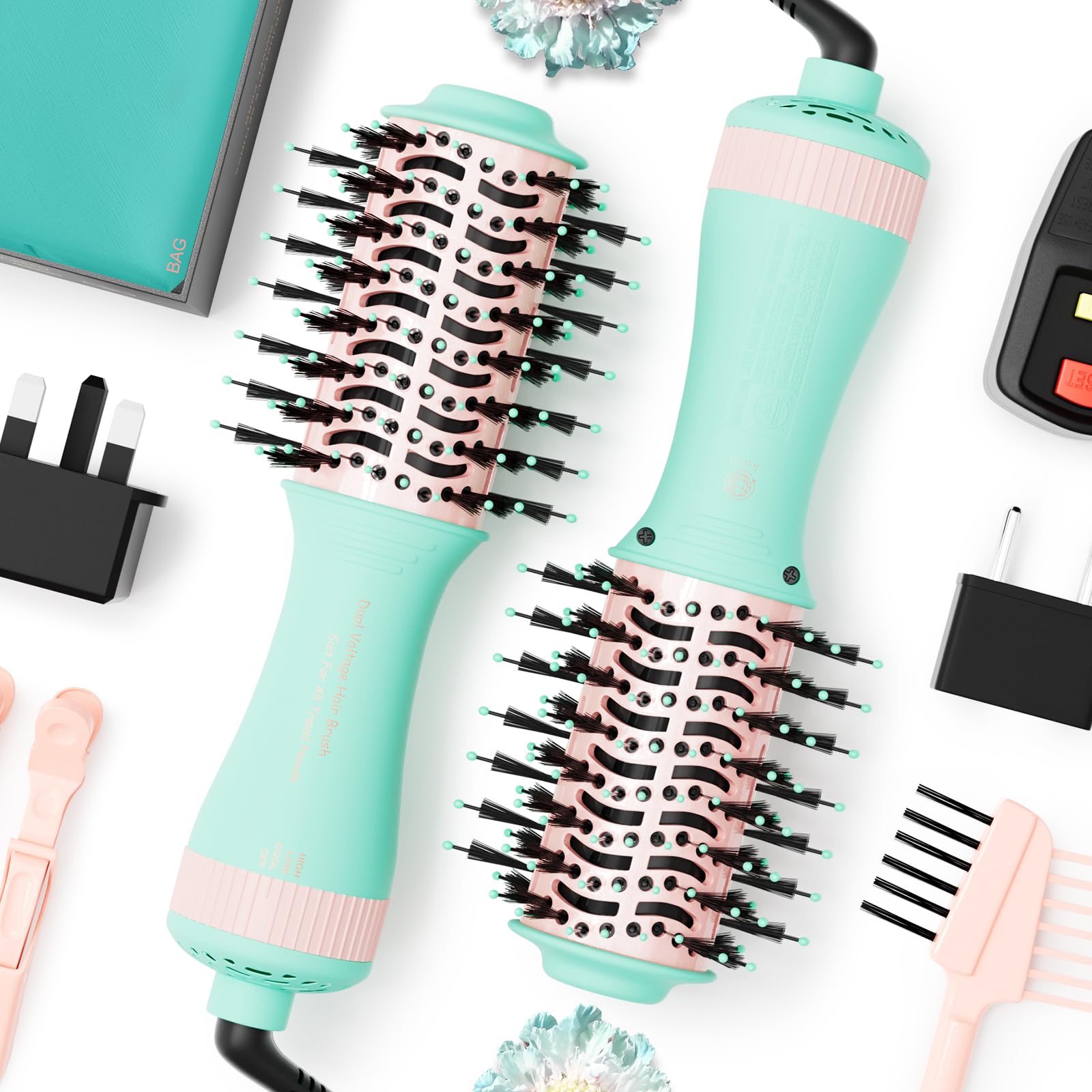 Travel Dual Voltage Hair Dryer Brush,Portable Mini Hot Air Blow Dryer Straightener &amp; Curler,Titanium Oval Blowout Styler Volumizer Tools,Auto Cepillo Secador De Cabello International Travel Essentials