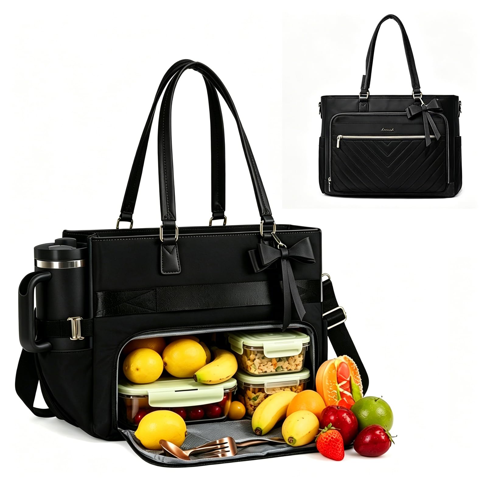 Bolsa para portátil 2 en 1 para mujer con compartimento aislado para el almuerzo, 15,6 pulgadas, a prueba de fugas, bolso de mano, marrón y negro