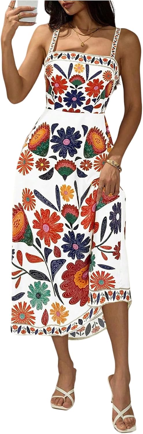 GORGLITTER Women's Floral Backless Farm Maxi Dress Summer Vacation Cruise Resort Outfits Boho Beach Long Sun Dress
