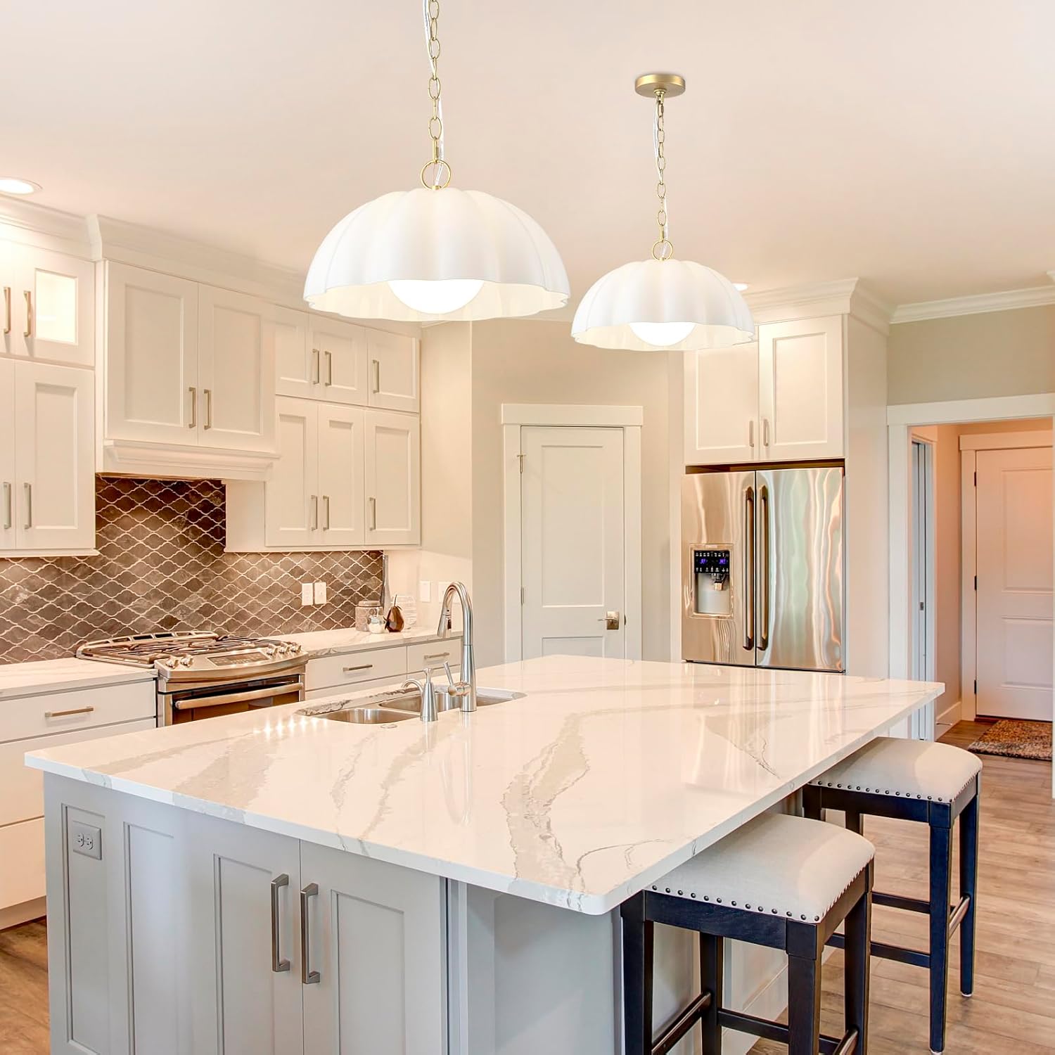 16 Inch Milk Glass Pendant Light Fixtures Mid Century, Hanging Opal Flower Pendant Light Kitchen Island, Hallway, Entryway, Bedroom, Dome Chandelier Dining Room Light Fixture Over Table