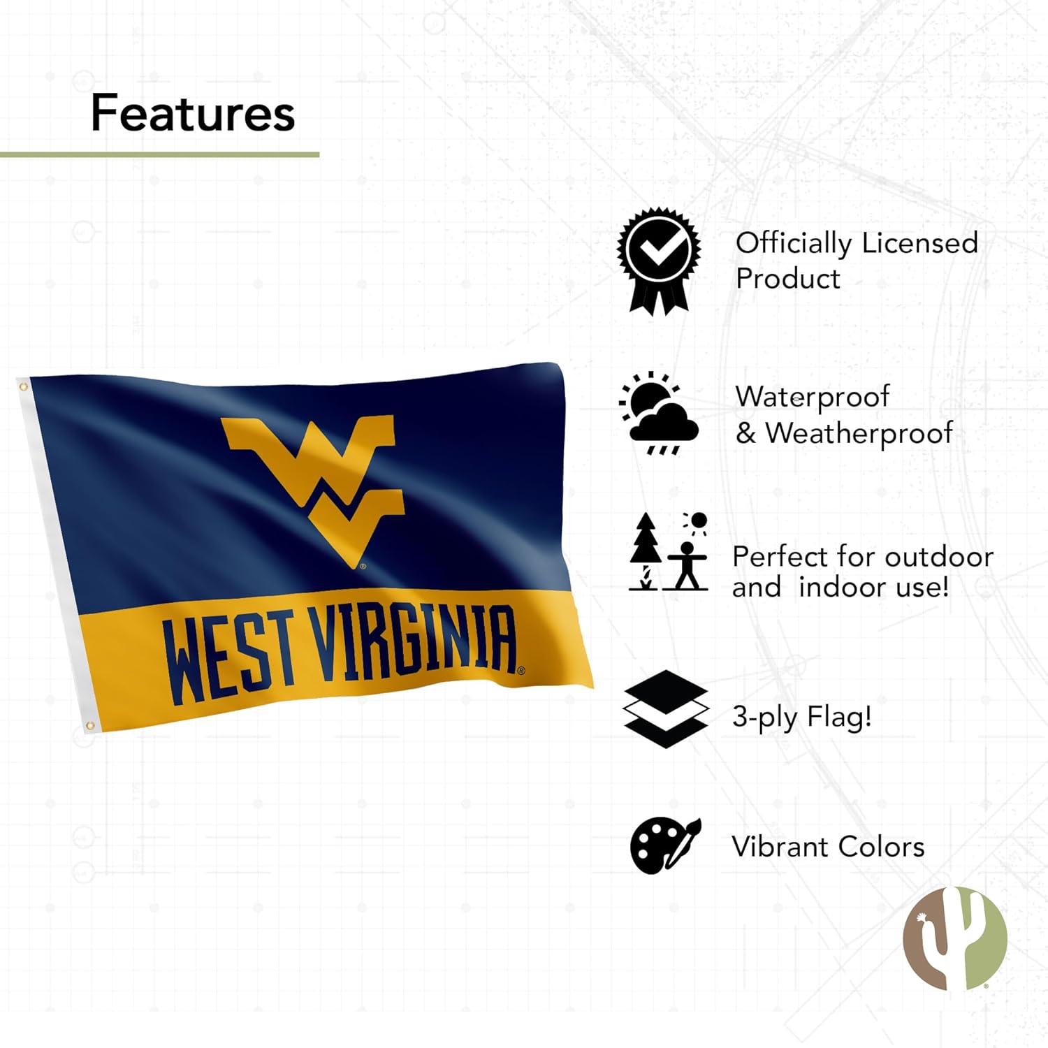 Desert Cactus West Virginia University Flag Double Sided WVU Mountaineers Banners 100% Polyester Indoor Outdoor 3x5 feet Flags (Double Sided - Flag 7) - Image 5