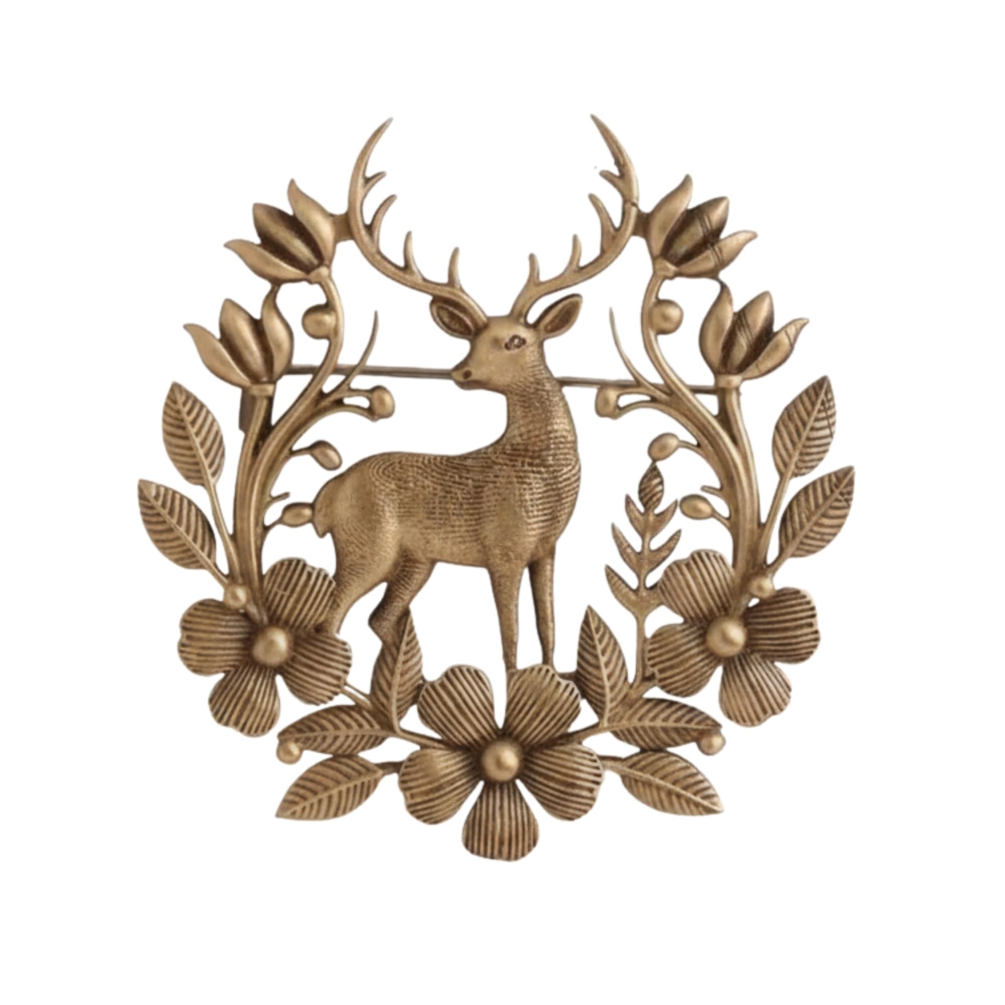 Van-Raja Stag Brooch - Antique Gold Deer in Floral Wreath Lapel Pin for Festive & Wedding-image-17