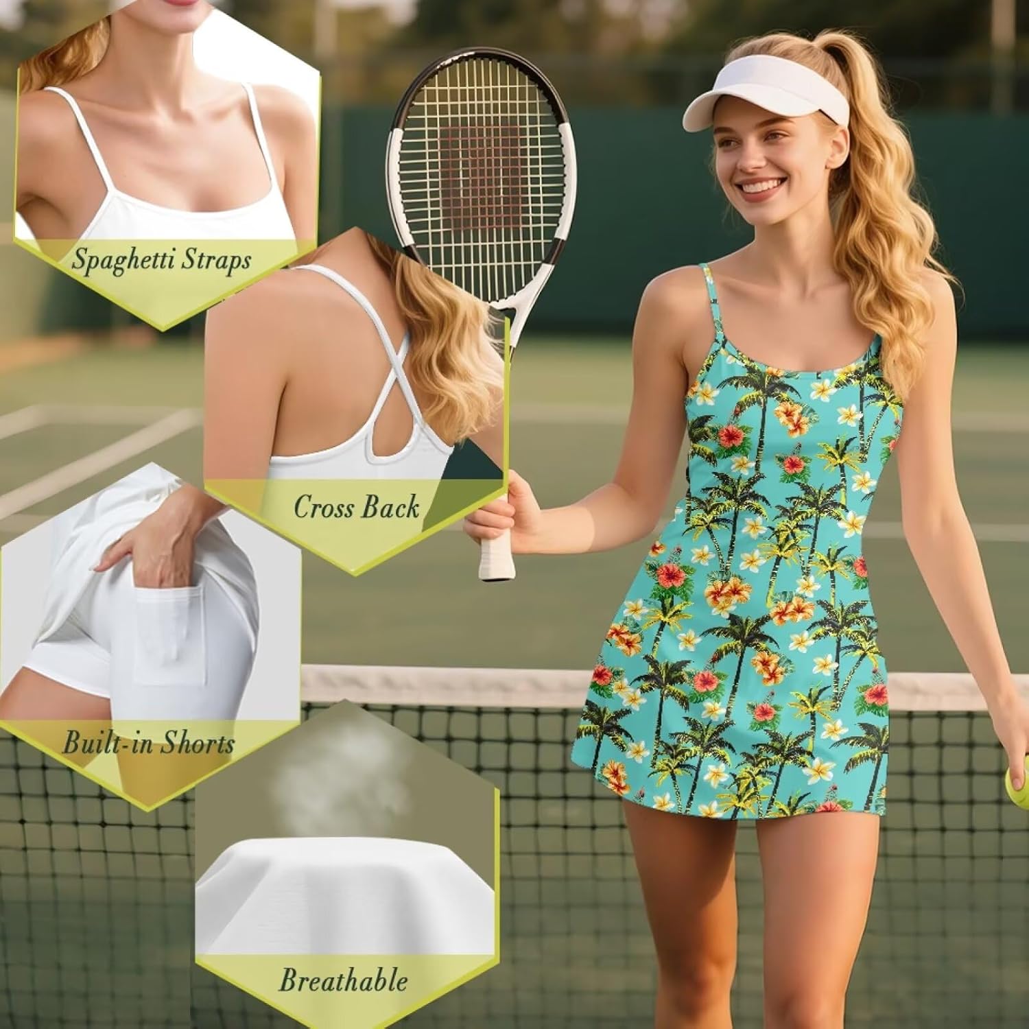 Women's 2-in-1 Tennis Dress with Built-in Shorts Pocket Golf Workout Dress for Hawaii