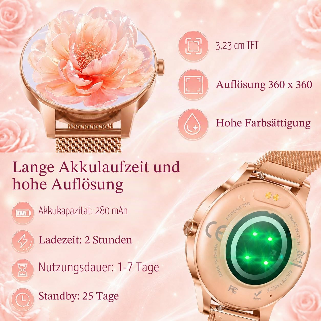 Smartwatch Damen mit Bluetooth Anrufe Fitnessuhr: 1.27" HD Touchscreen Smart Watch mit Herzfrequenz Schlafmonitor Schrittzähler 100+ Sportmodi Fitness Tracker IP68 Wasserdicht Uhren IOS Android