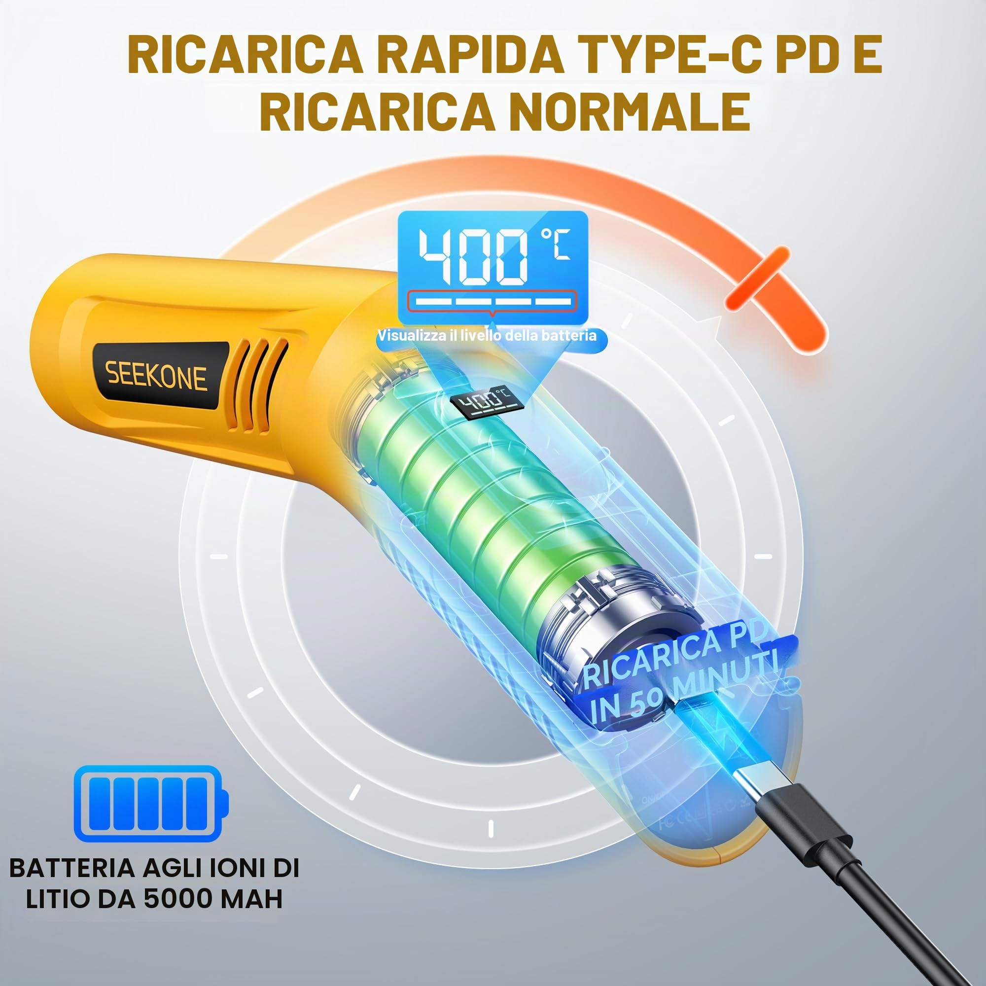 SEEKONE Mini Pistola ad Aria Calda Senza Fili, 4 Temperatura (Max 400 °C) con Funzione di Memoria, Pistola Termica a Batteria al Litio da 3,6 V, Ricarica USB, con Ugello Riflettore, per Artigianato