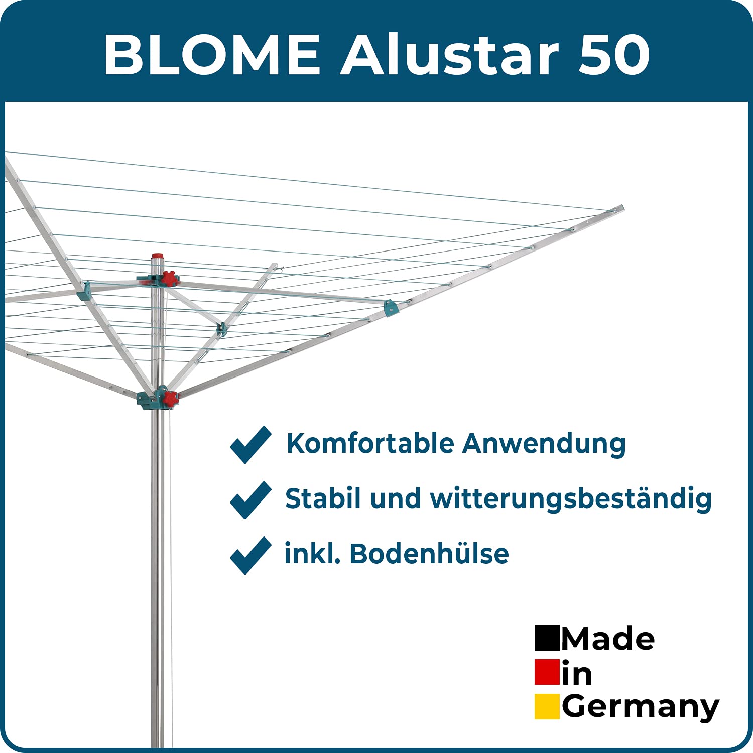 Blome Wäschespinne Alustar 50 - Wäscheständer inkl. Bodenhülse zum Einbetonieren, Wäscheschirm mit 50m Wäscheleine, Made in Germany