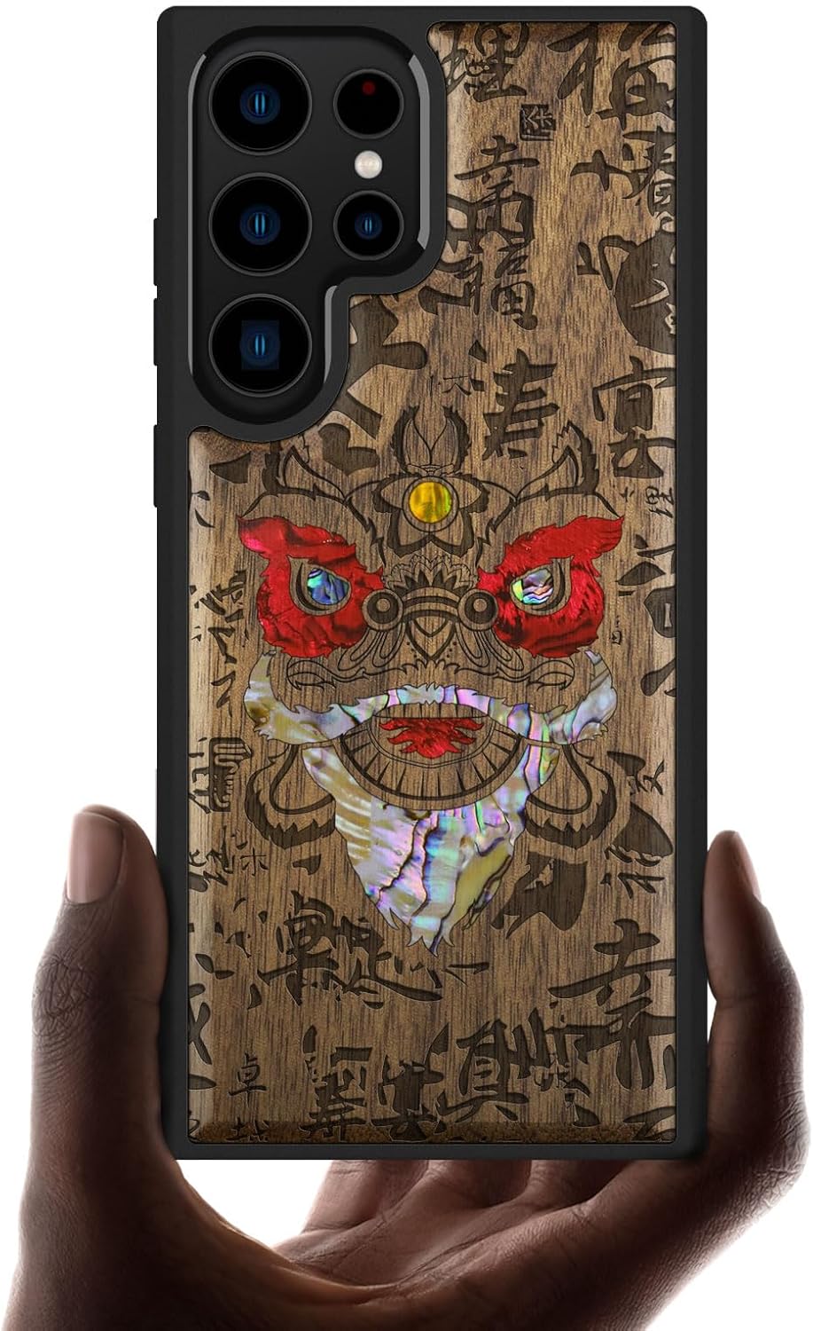 Carveit Designer Wooden Case for Samsung Galaxy S23 Ultra Cover [Wood Engraving & Shell Inlay] Compatible with Wireless Chargers S23 Ultra Case (Japanese Oni Mask-Walnut)