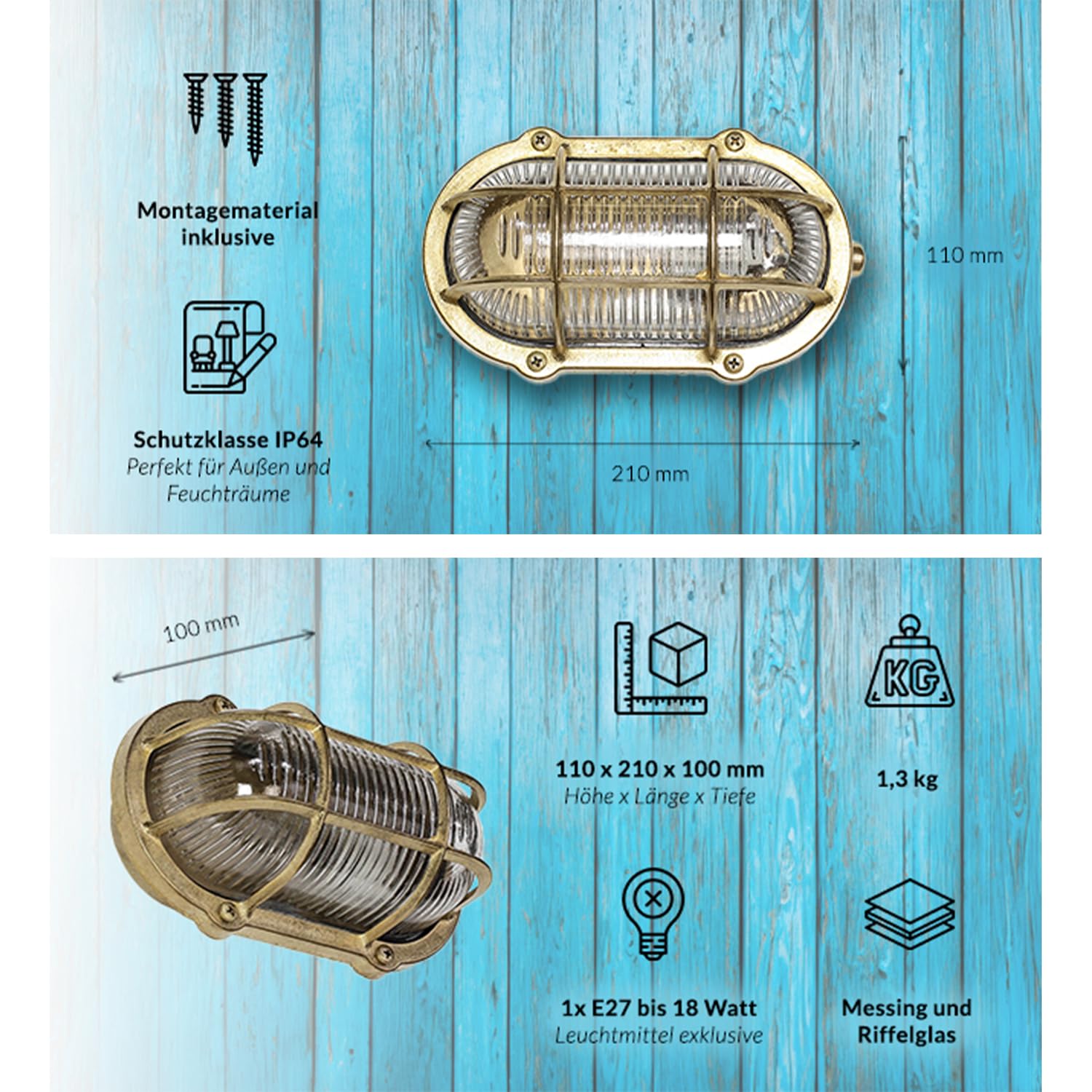 Licht-Erlebnisse Wandleuchte Schiffslampe außen, Maritime Kellerleuchte Messing, Ovalleuchte, rostfrei, T:10 cm, IP64, E27, Rustikal, Feuchtraumlampe, Wandleuchte Haus