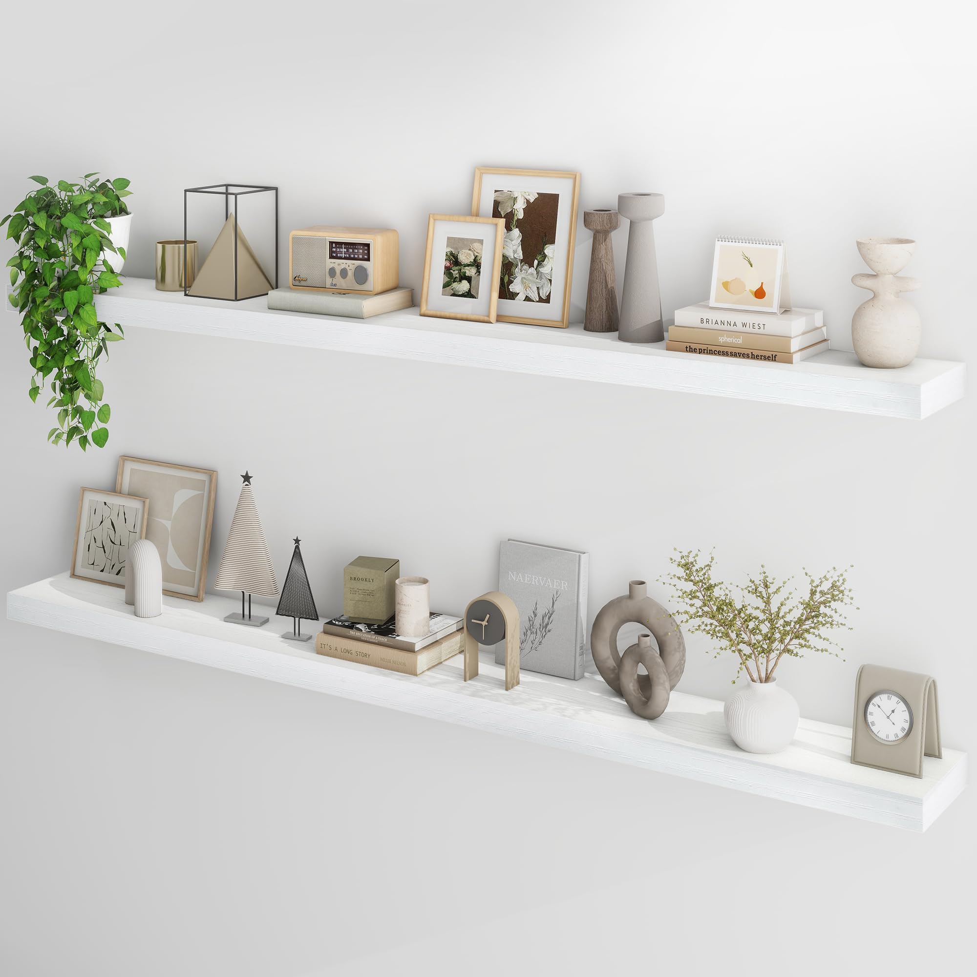 Fun Memories 72Inch Floating Shelves,Wall Mounted Rustic Wood Floating Shelf with Invisible Brackets for Storage & Decor,2 Pack Shelves for Bathroom,Bedroom and Kitchen,White
