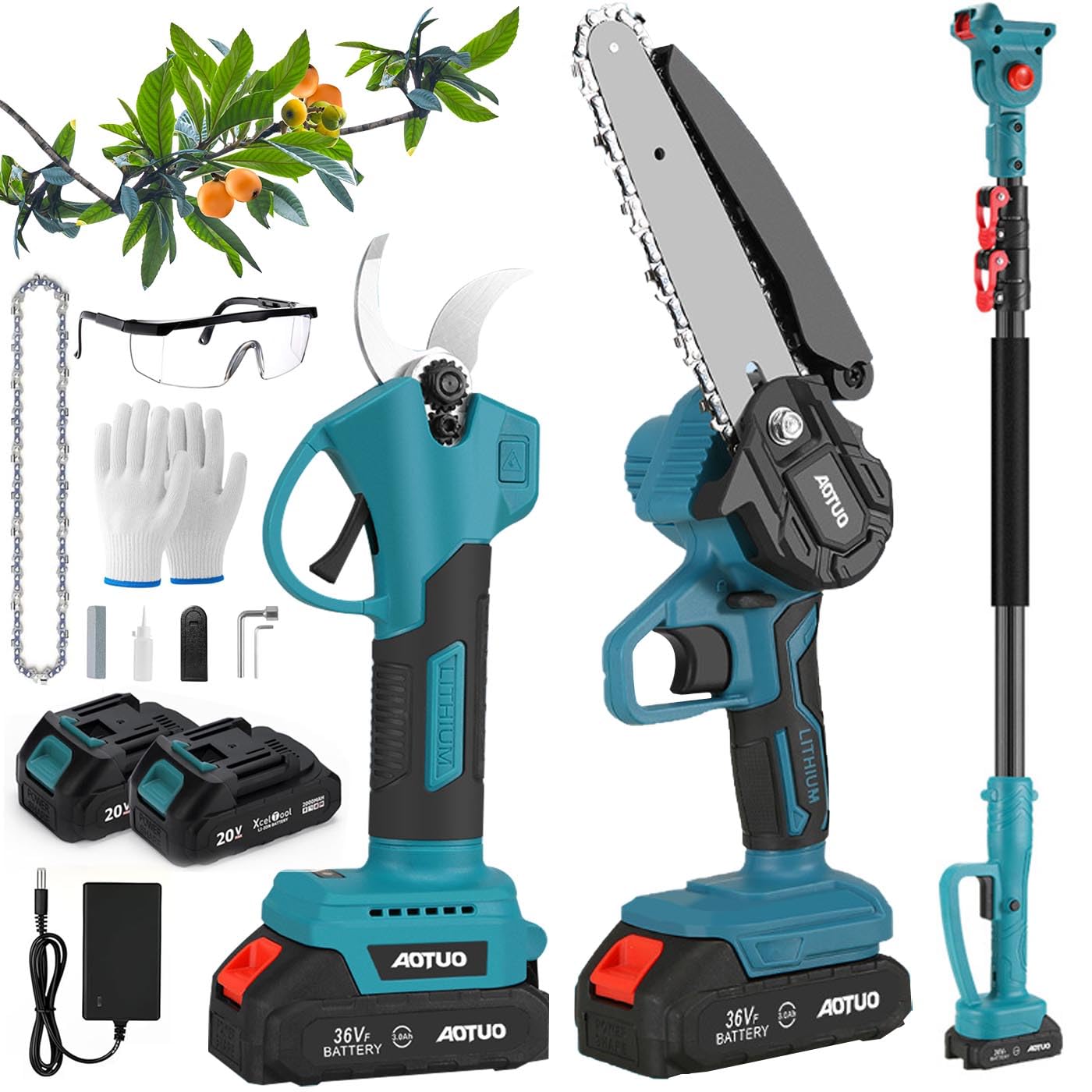 Sécateur Électrique avec Perche, Sécateur Électrique Sans Fil, Batterie Li-ion 2X2.0ah, Secateur Telescopique Electrique Ciseaux de Jardin,Lames Sk5, Réglage de L'angle 90°