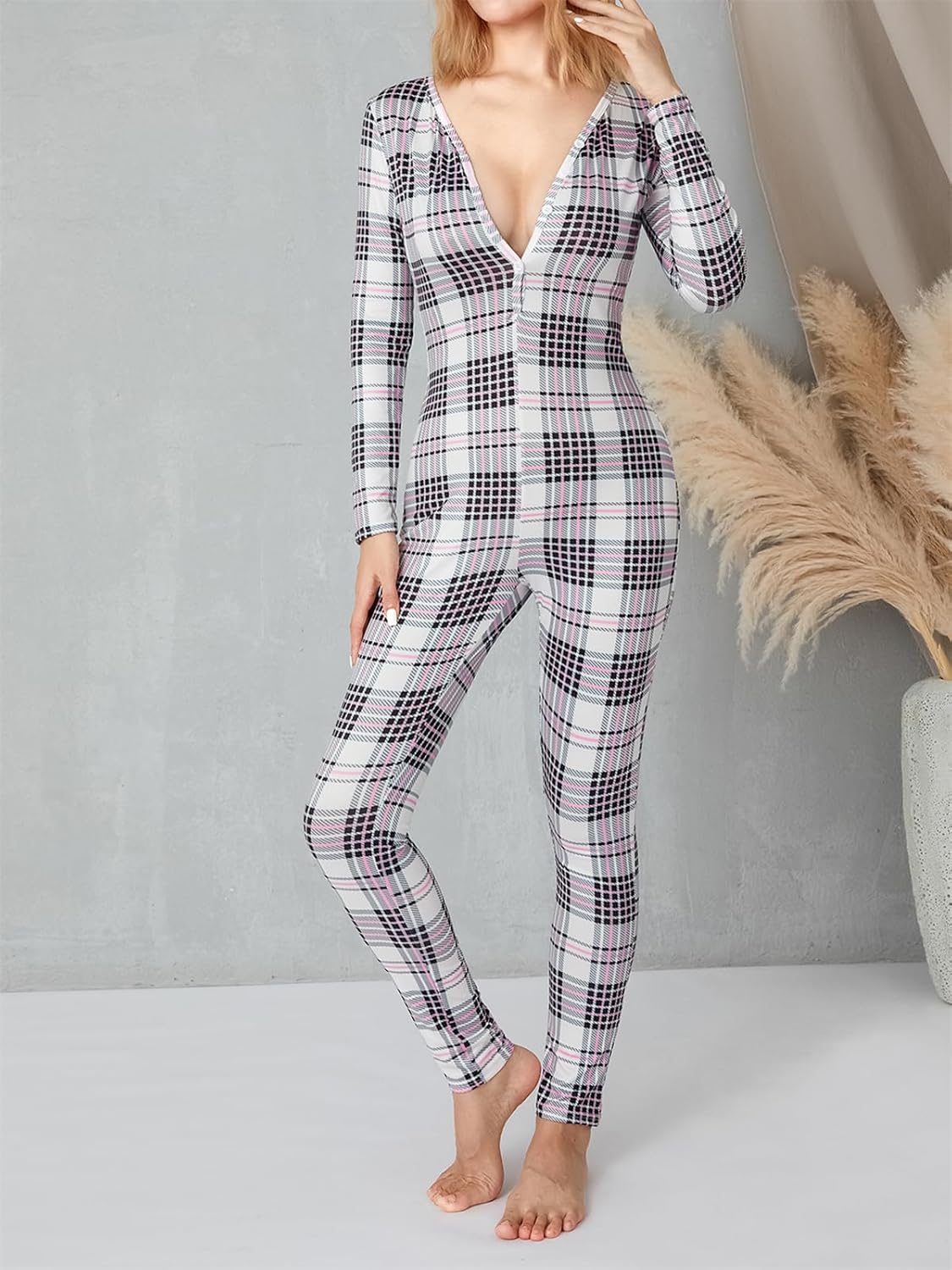 Women Sexy Bodycon Onesie Pajama Heart Print Long Sleeve Button V Neck Jumpsuit One Piece Romper Valentines Sleepwear - Image 2