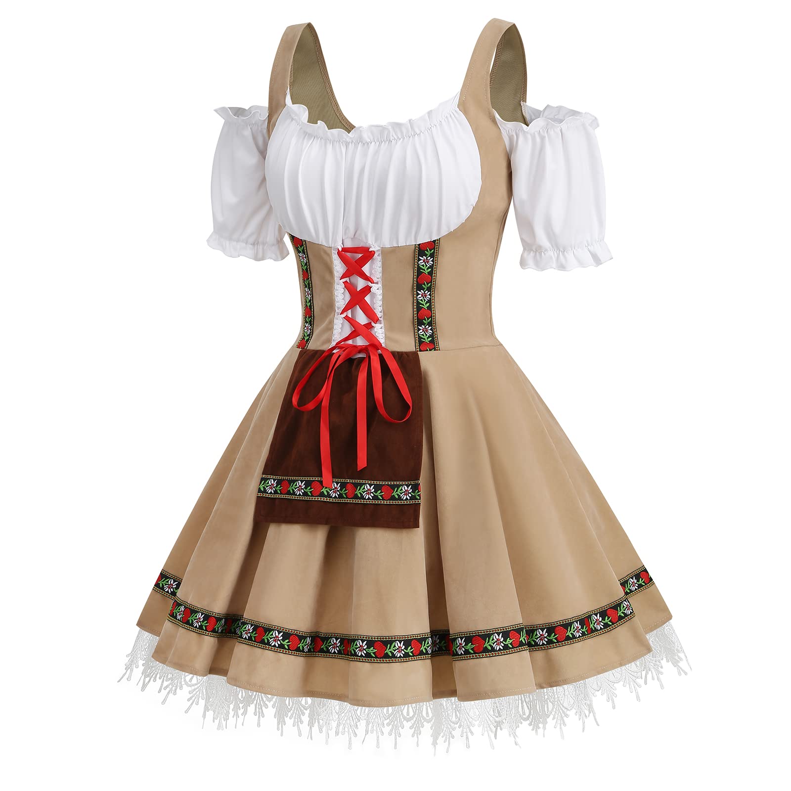 maxToonrain Oktoberfest Outfit Women Blue,Women's German Beer Bavarnian Traditional Short Sleeve Off Shoulders Halloween Costume Fancy Maid Dress for Womens(khaki S) - Image 2