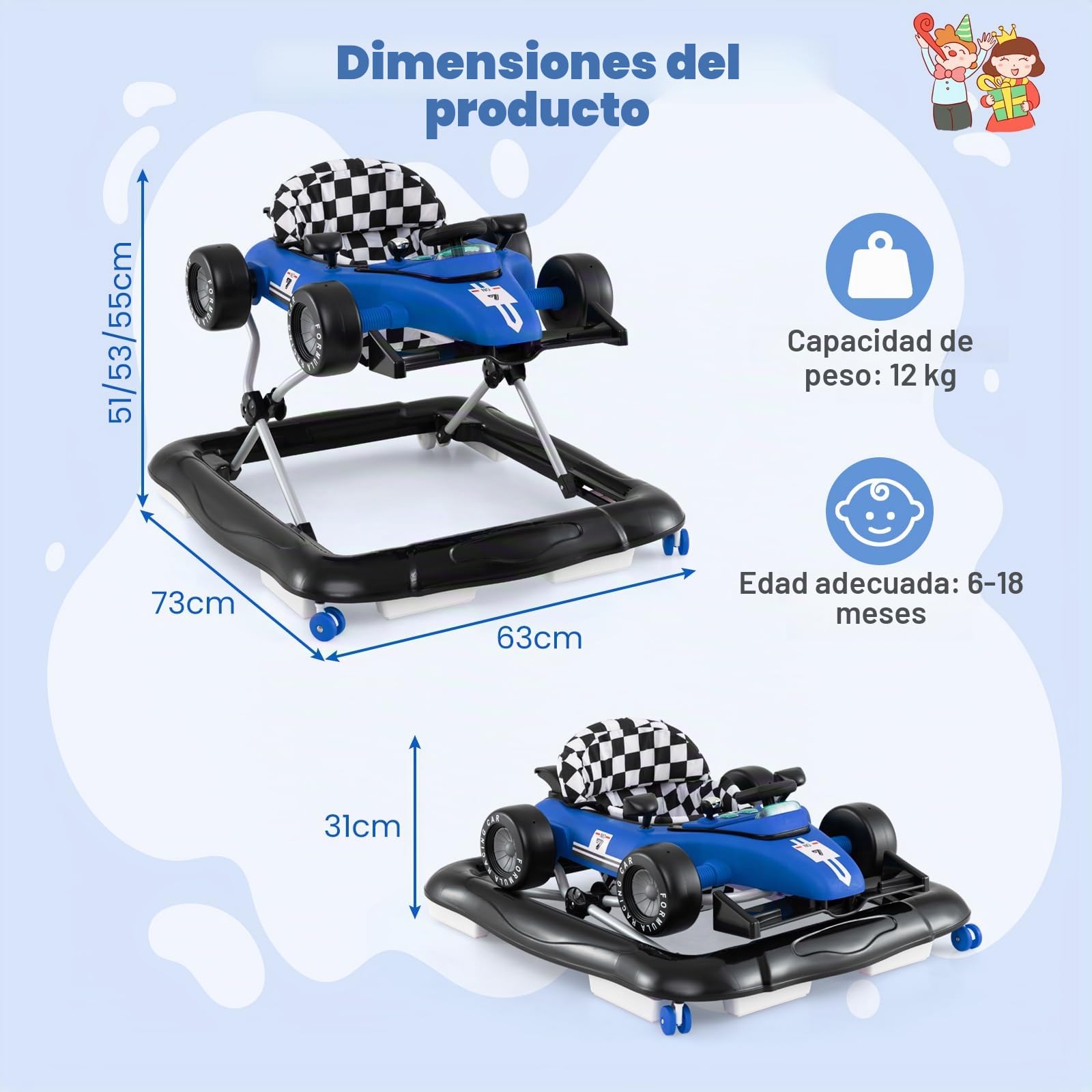 LIFEZEAL Andador Bebé 4 en 1 Escalable con 3 Alturas Ajustables, Carro Plegable con Ruedas Universales, Música y Luces, Andador Actividad para Niño Niña 6-18 Meses Carga 12 kg