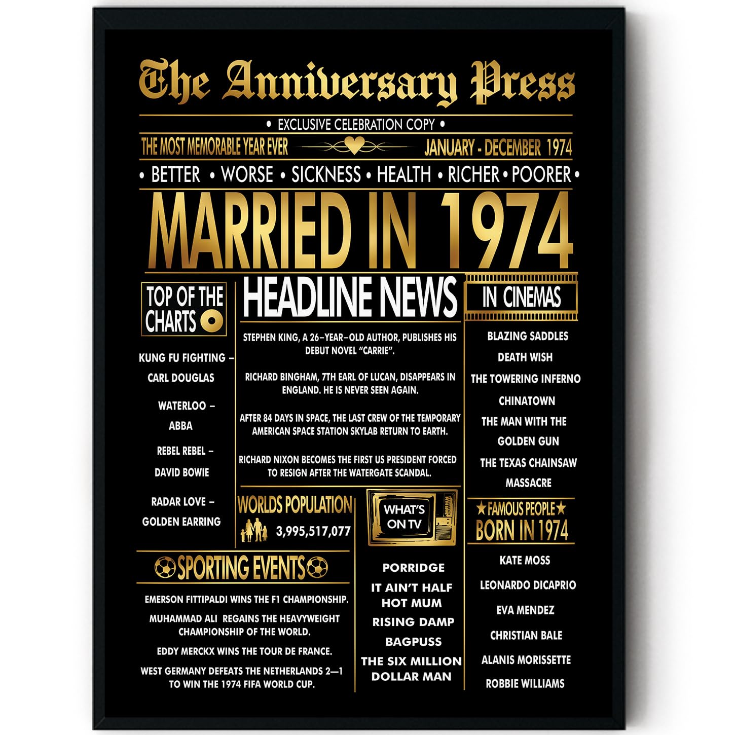 Stuff4 Gold 52nd Anniversary Poster Framed - Golden Married In 1974 Newspaper - 52 Anniversary for Men Women Retro Vintage Gifts Back In 1974, 8x10 Inch Bday Party Decor Decoration