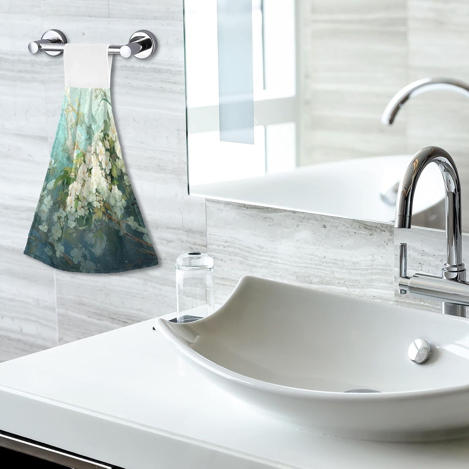 Oil White Flower Kitchen Hand Towel Home Decorative Green Hanging Tie Towels 2PCS Super Soft Absorbent WashCloth Tie Towels for Bathroom Farmhouse Housewarming Tabletop, 12x17Inches - Image 7