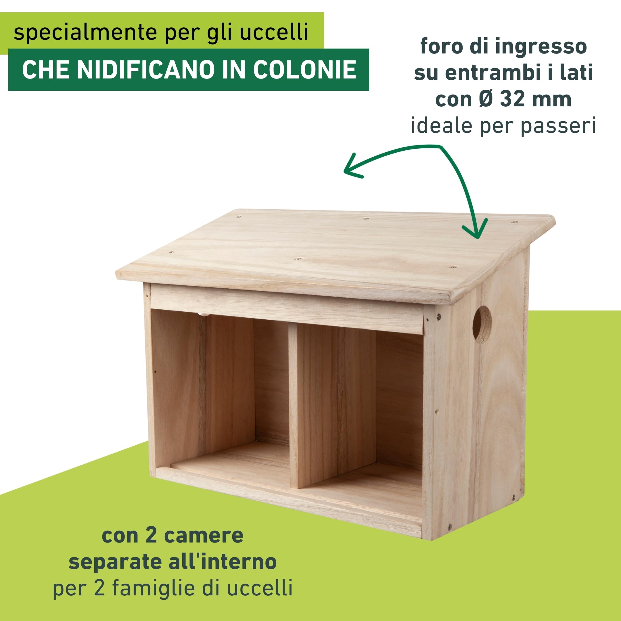 Windhager Twinhouse 07466 - Casetta per uccelli con due camere separate, per uccelli e allevamenti, 18 x 38 x 26 cm, colore naturale