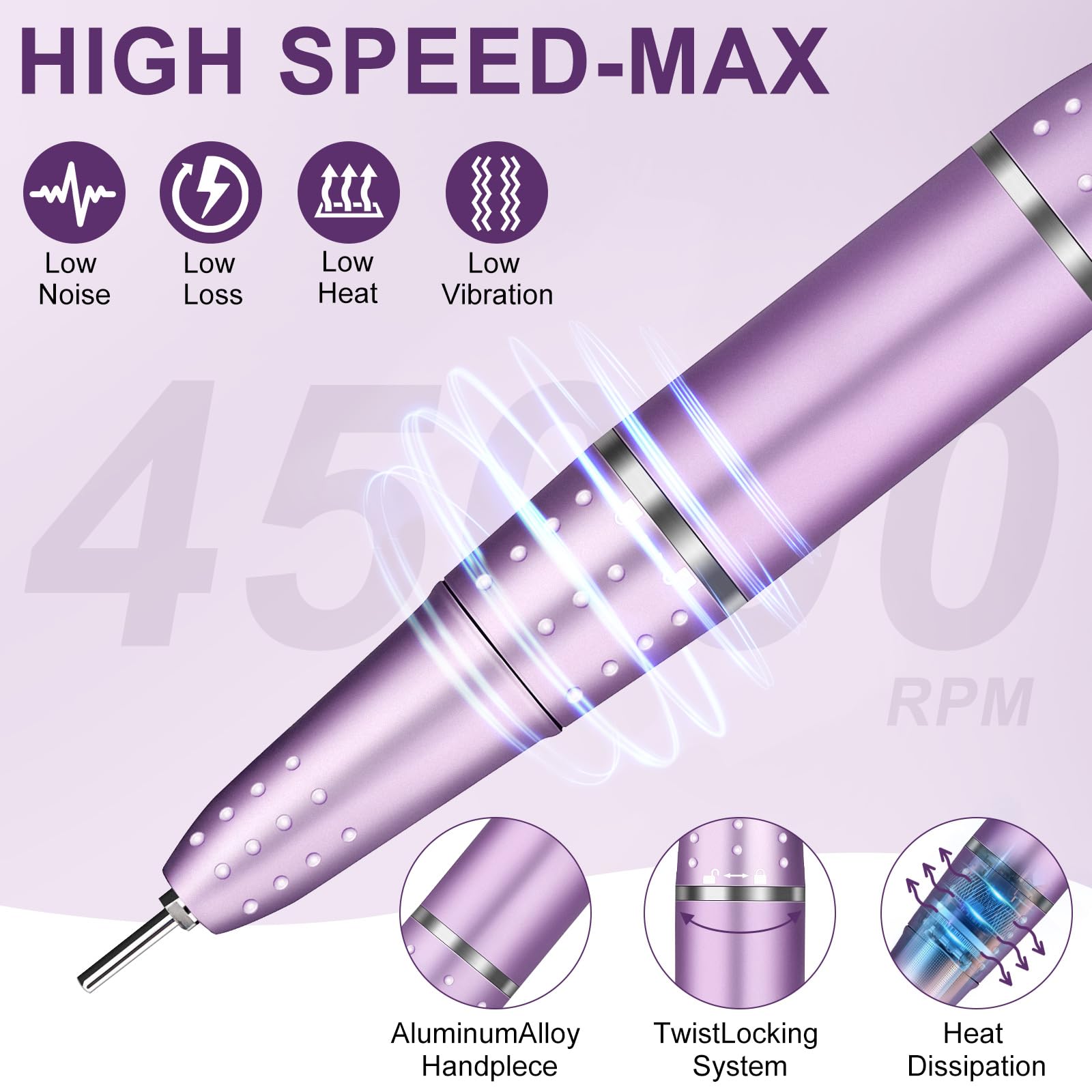 45000RPM Ponceuse à Ongles Professionnelle, Urbuti Ponceuse pour Ongles Électrique avec 11 Embouts et Écran LED, Limes à Ongles Portable pour Ongles en Acrylique et Gel, Manucure et Pédicure (Violet)