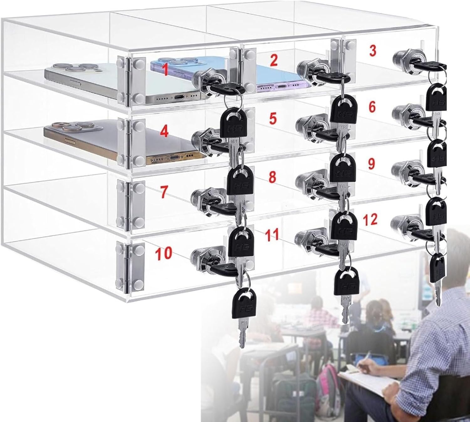 Mobile Phone Storage Box Transparent Acrylic Mobile Phone Security Locker with Key,Acrylic Wall-Mounted Cell Phone Locker Box - 12 Slot Storage Cabinet for Schools, Offices & Factories - Org