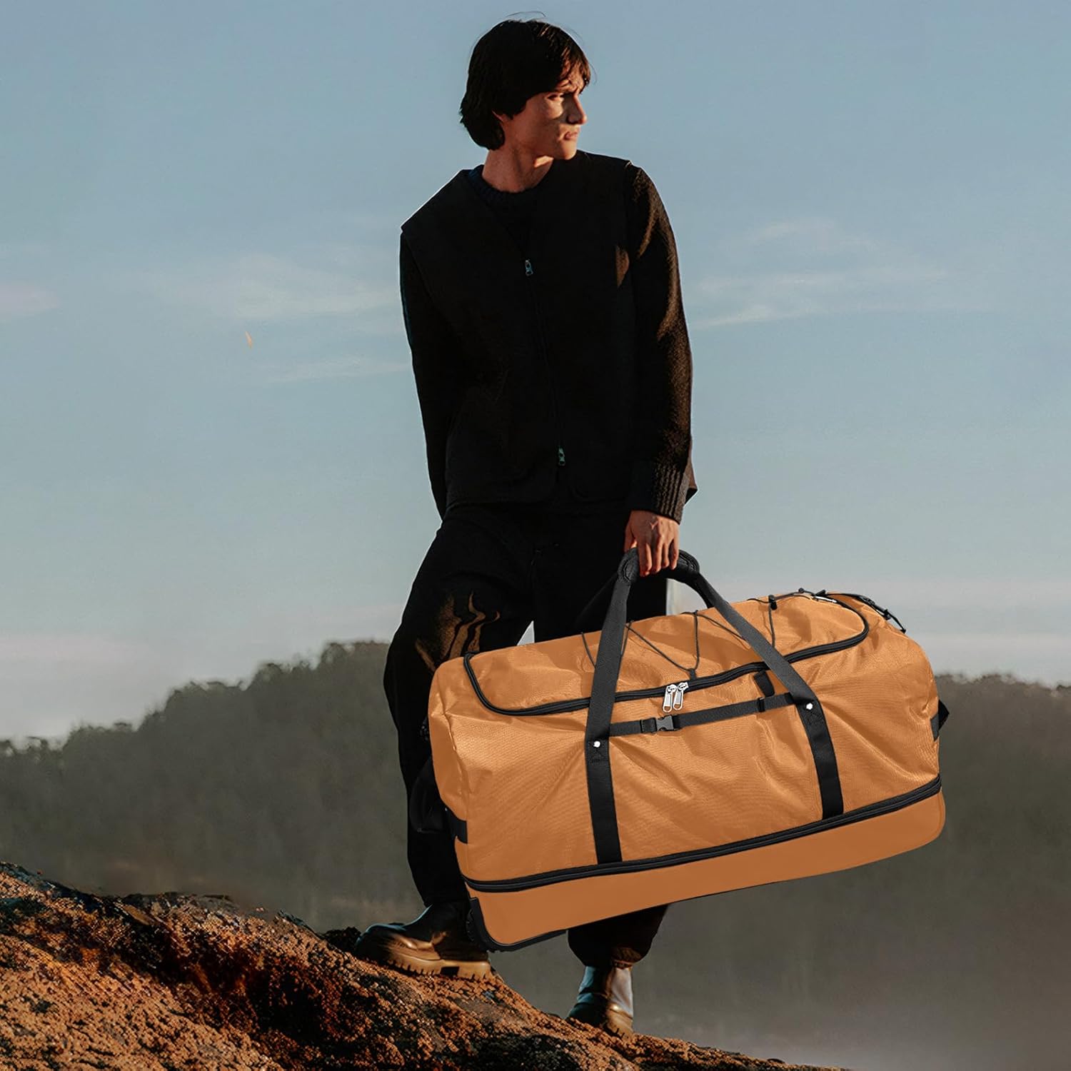 Vomgomfom 32" Soft-Sided Foldable Wheeled Travel Duffel Bag,Expandable 110L to 140L Rolling Cargo Bag with 2 Wheels and Multiple Pockets,Brown - Image 8