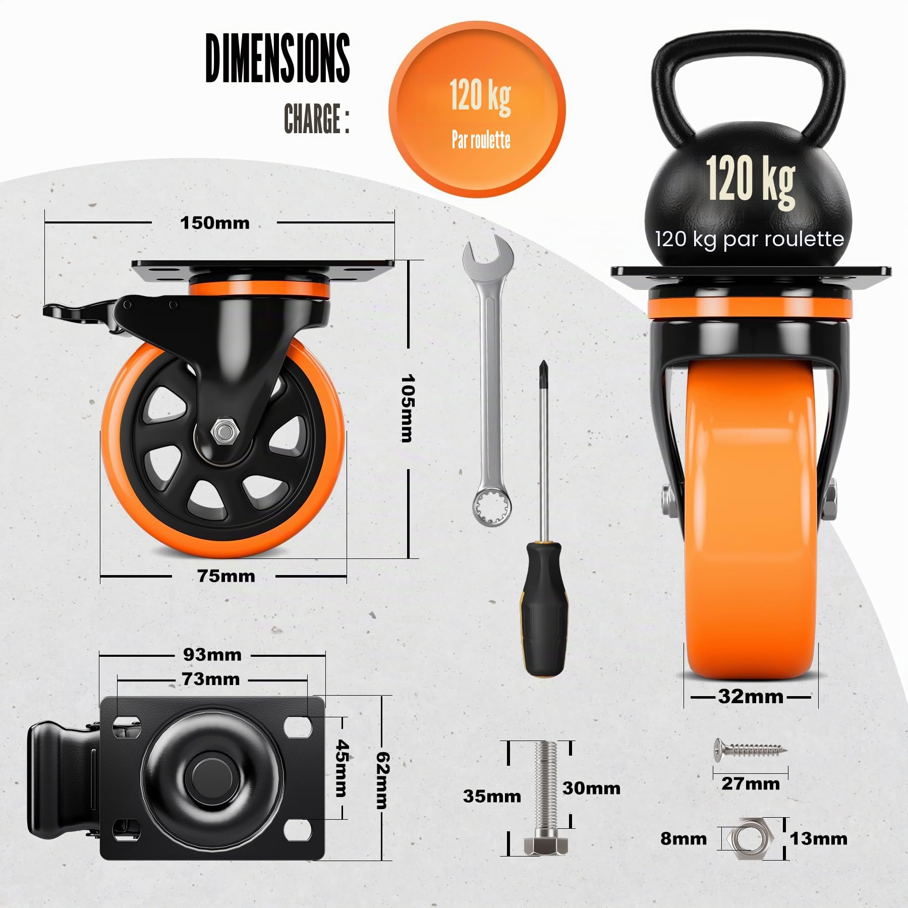 4 pièces roulettes pour charges lourdes Ø75mm avec freins, accessoires de montage inclus Roulettes pivotantes Roulettes de transport Rotation 360° jusqu'à 480KG Portabilité
