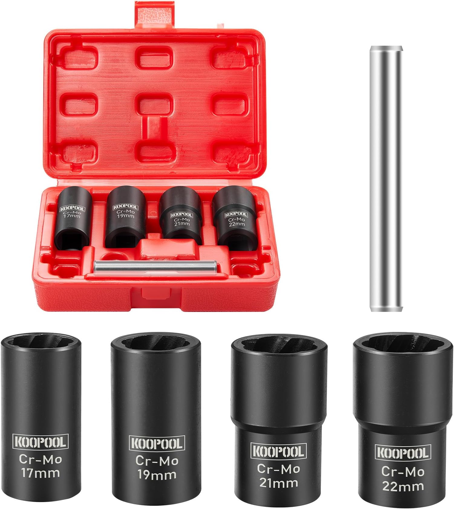 Twist Socket Set 5 Pcs Lug Nut Remover, Bolt Nut Extractor Set, Metric 17-22mm Wheel Lock Removal Kit with Drift Punch Nut Removal Bar