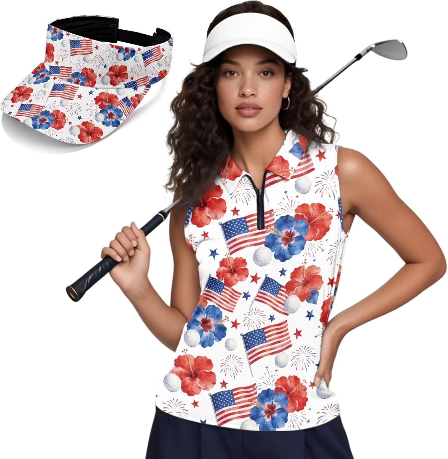 2 Piece Set Sleeveless Golf Shirts for Women and Outdoor Open Top Sun Hat Moisture Wicking Tennis Golf Tank Tops