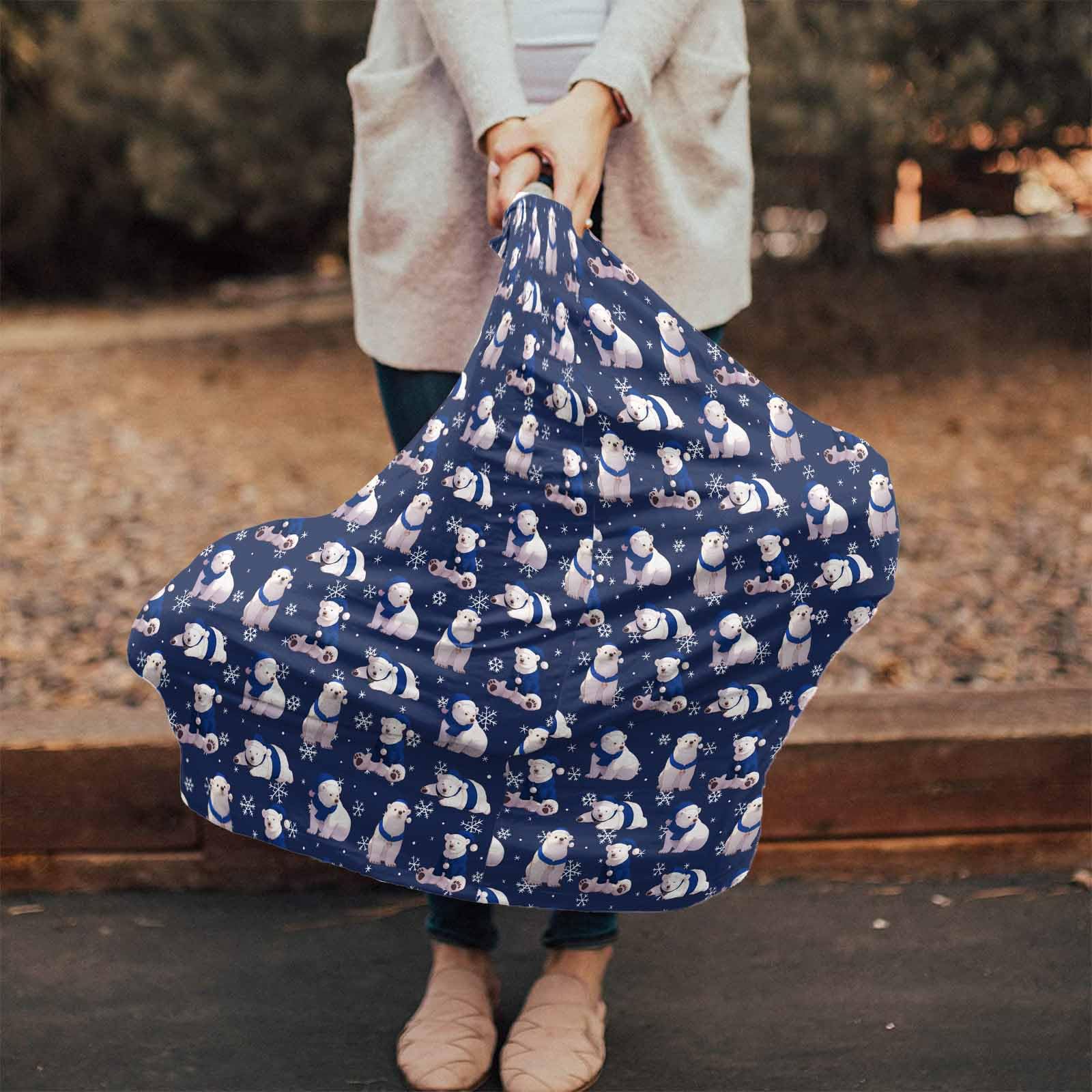 Nursing Cover for Breastfeeding Scarf, Merry Christmas Snowflake Polar Bear Blue Baby Car Covers Super Soft Multi Use for Canopy Shopping Cart Cover Blanket Stroller Cover