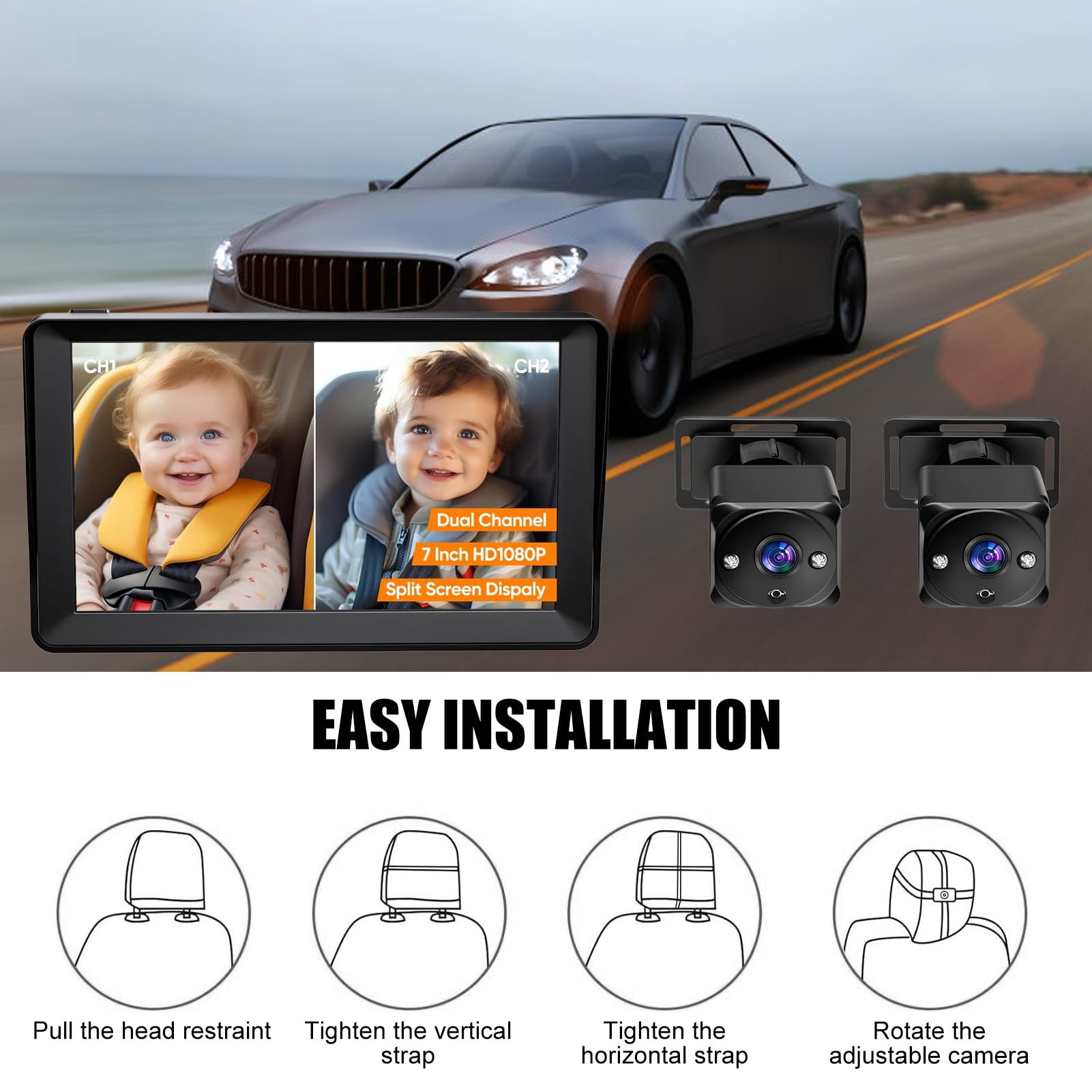 Caméra de Voiture pour bébé, Moniteur de siège arrière Double Canal 7 Pouces 1080P avec Vision Nocturne IR 8 lumières LED pour siège arrière