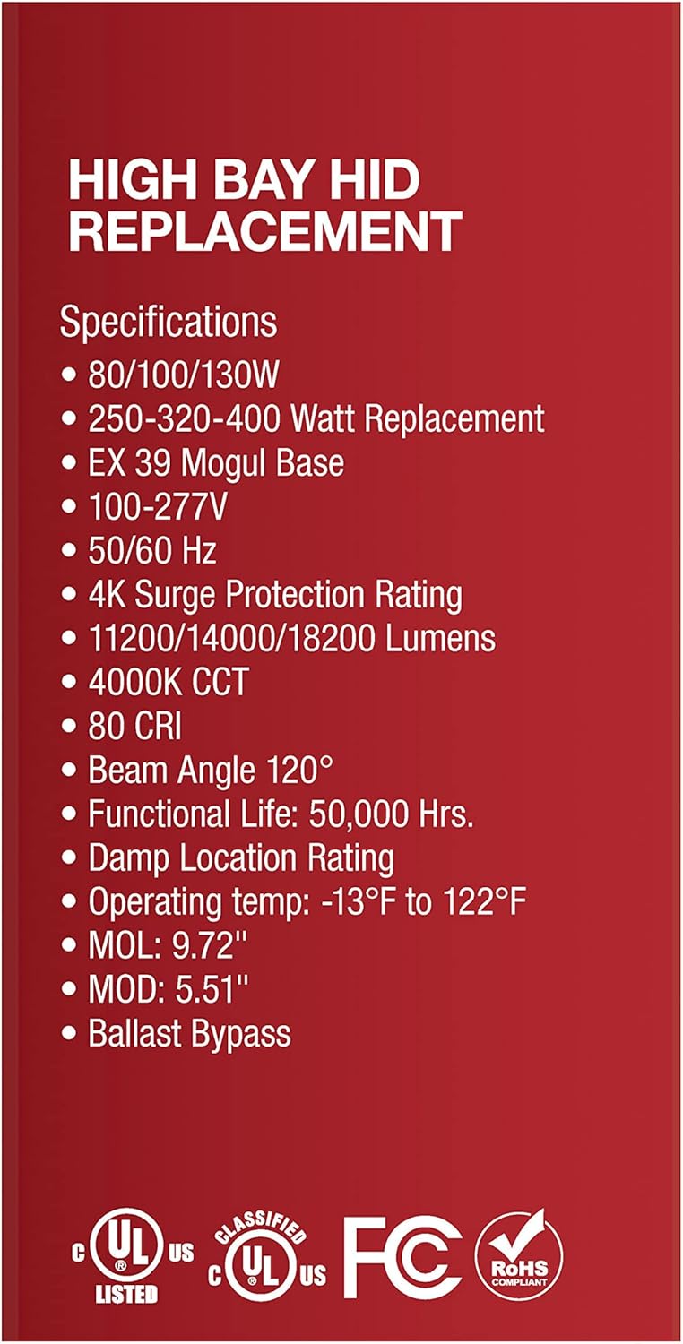 Satco S33114 Hi-Pro LED High Bay Wattage-Selectable HID Replacement Light, White, 80W/100W/130W