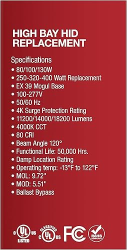 Miniatura 3 de Satco S33114 Hi-Pro LED High Bay - Luz de repuesto HID seleccionable, color blanco, 80W100W130W