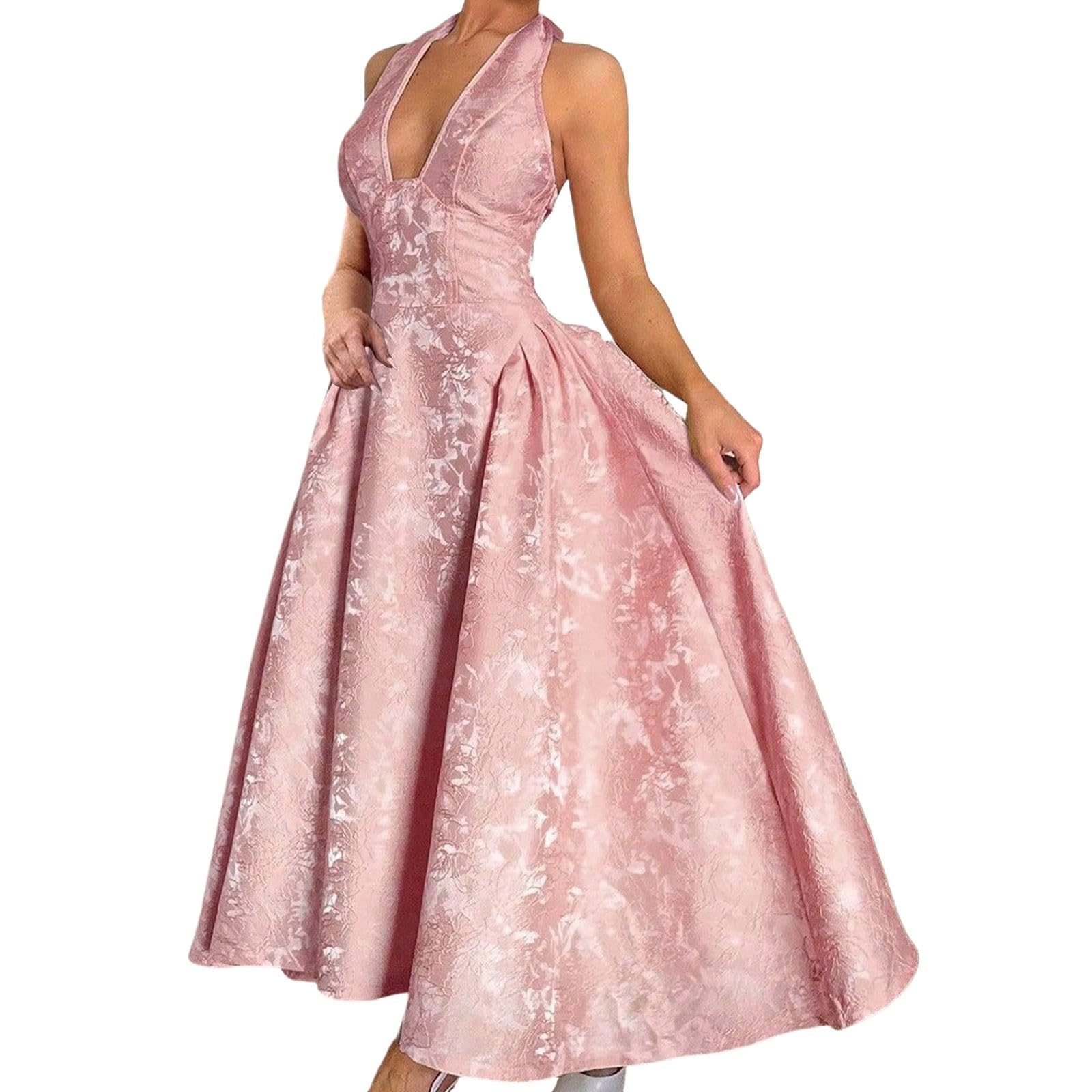 Vestido de dama de honor para mujer, vestido de noche festivo, elegante, para boda, vestido de cóctel, sin mangas, maxi vestido de línea A, vestido largo Rockabilly, vestido cruzado jacquard