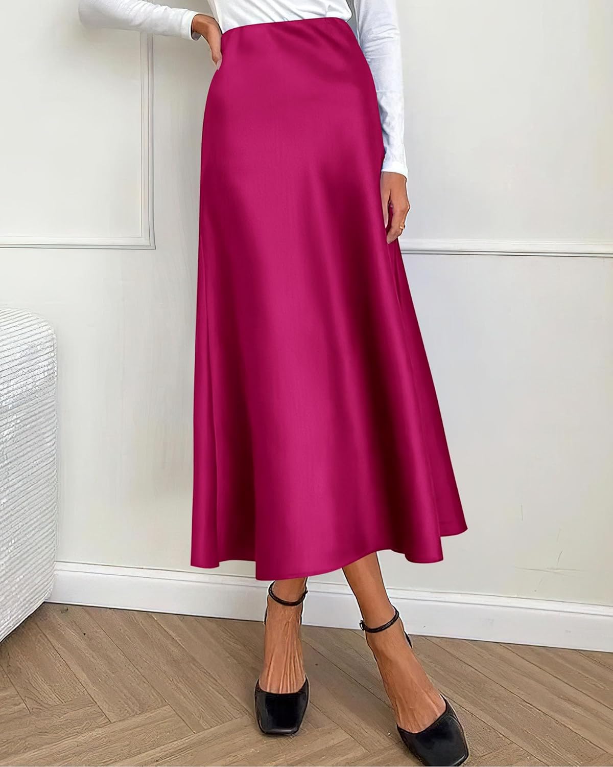 BTFBM 2026 Womens Spring Summer Long Satin Skirt Silk Elegant High Waist Cocktail Party Wedding Flowy A-Line Midi Skirts - Image 4