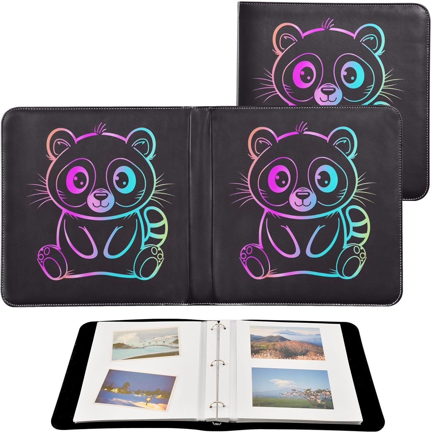 JIPONI Cute Gradient Raccoon Large Photo Album, DIY Leather Cover Scrapbook Albums for 4x6 5x7 6x8 Pictures, Self Adhesive Memory Book for Wedding, Baby, Family