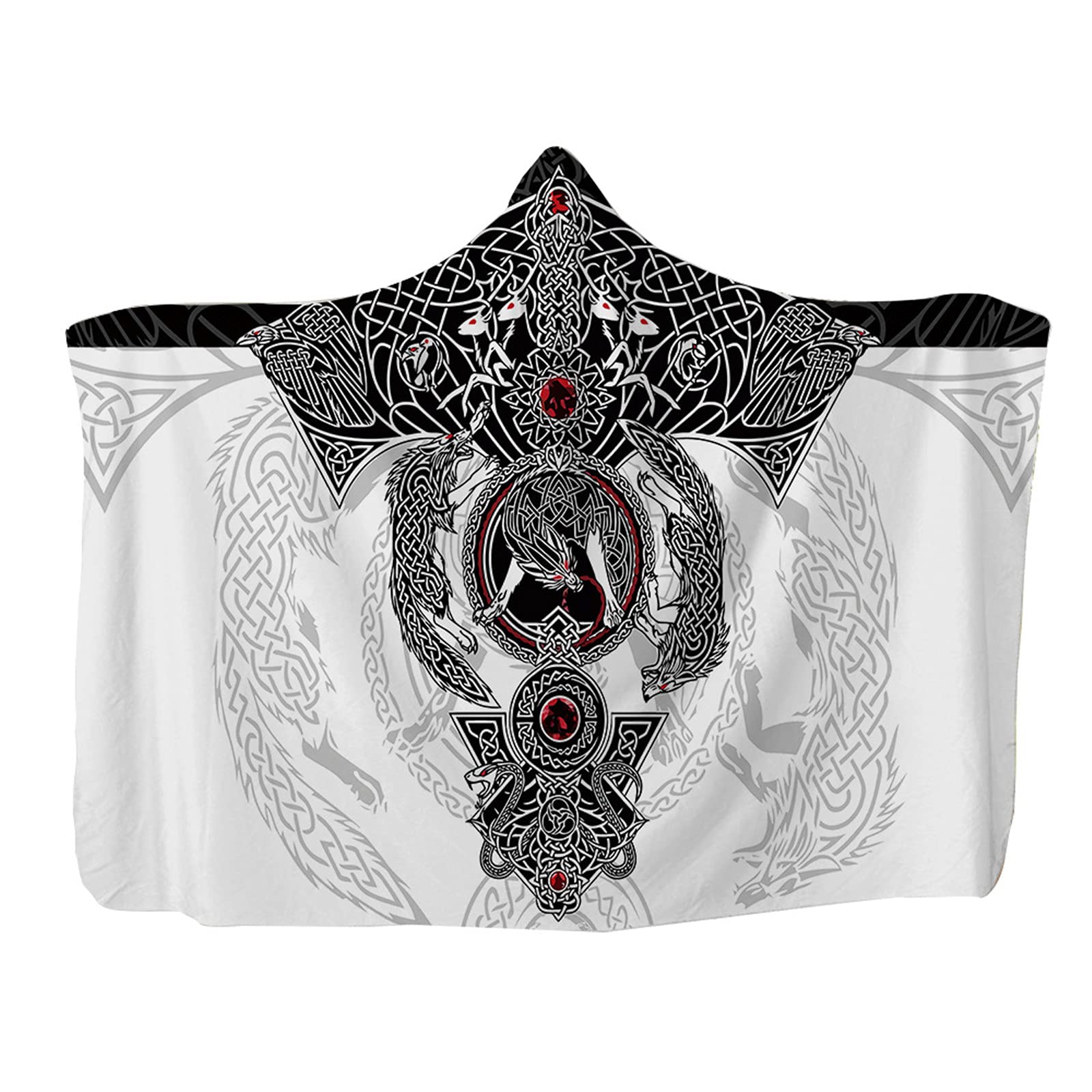 kewing Hooded Throw Blanket Wearable Viking Tattoo Print Flannel Cape Cloak Blanket for Sofa Napping Blankets Childs Adults