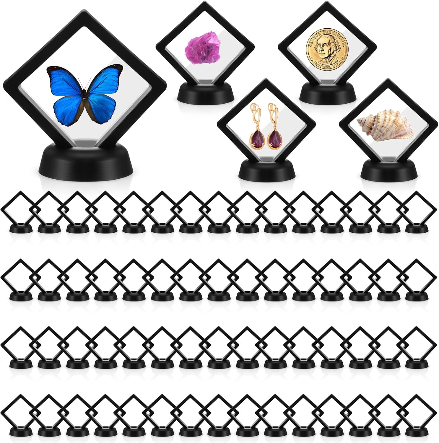 60 Pcs 3D Frame Display Case Bulk, 3D Floating Display Stand for Coins Medals Rocks Gems, Floating Frame Display Case Bulk with Black ABS Frame & PE Membrane (3.5 x 3.5 x 0.8 Inch)