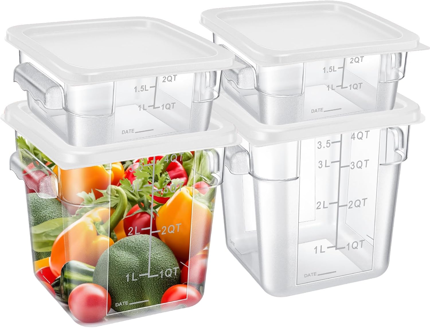 Barydat 4 Pcs Food Storage Container Dough Proofing Bucket with Lid, 2Qt&4Qt Square Dough Bucket Clear Translucent Containers with Scale Handles for Bread Home Restaurant Food Storage(White)