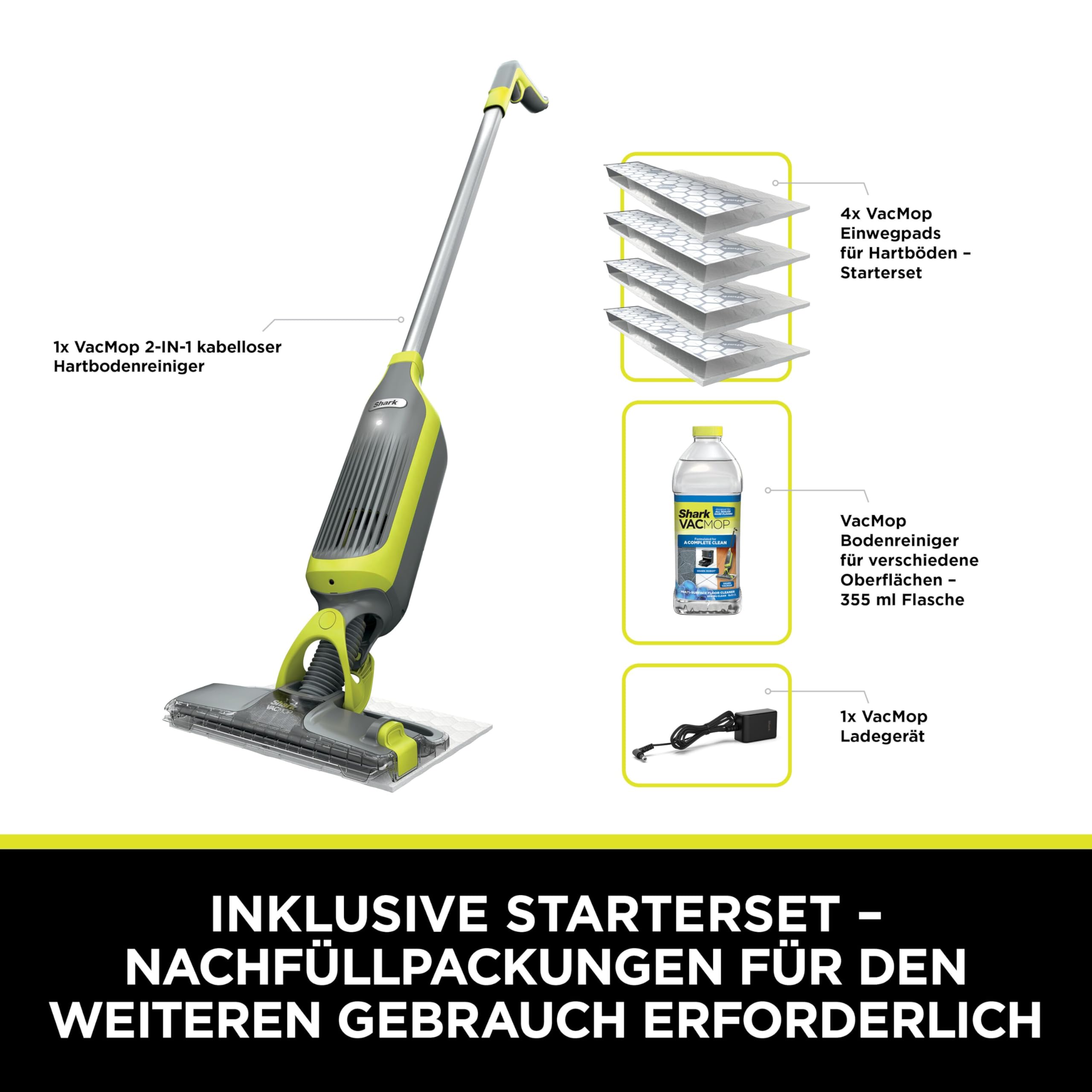 Shark VacMop 2 en 1, Aspiradora y Mopa sin Cable con Spray, Gris Antracita | Para Suelos Duros, 4 Almohadillas Desechables, Solución de Limpieza de 355 Ml, Ligera 1,5 Kg, sin Mantenimiento, VM200EU