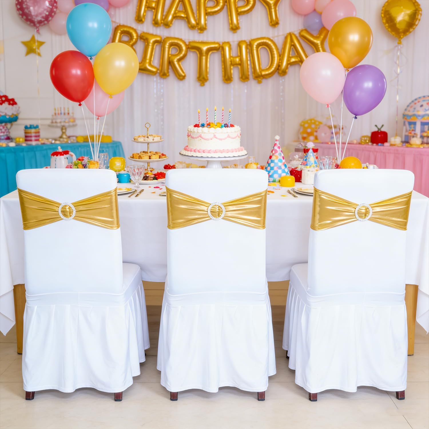 SquarePie 50 PCS Metallic Gold Spandex Chair Sashes - Shiny Stretch Bows with Buckle Slider - No-Tie Universal Elastic Chair Bands for Wedding Reception Party Banquet Event
